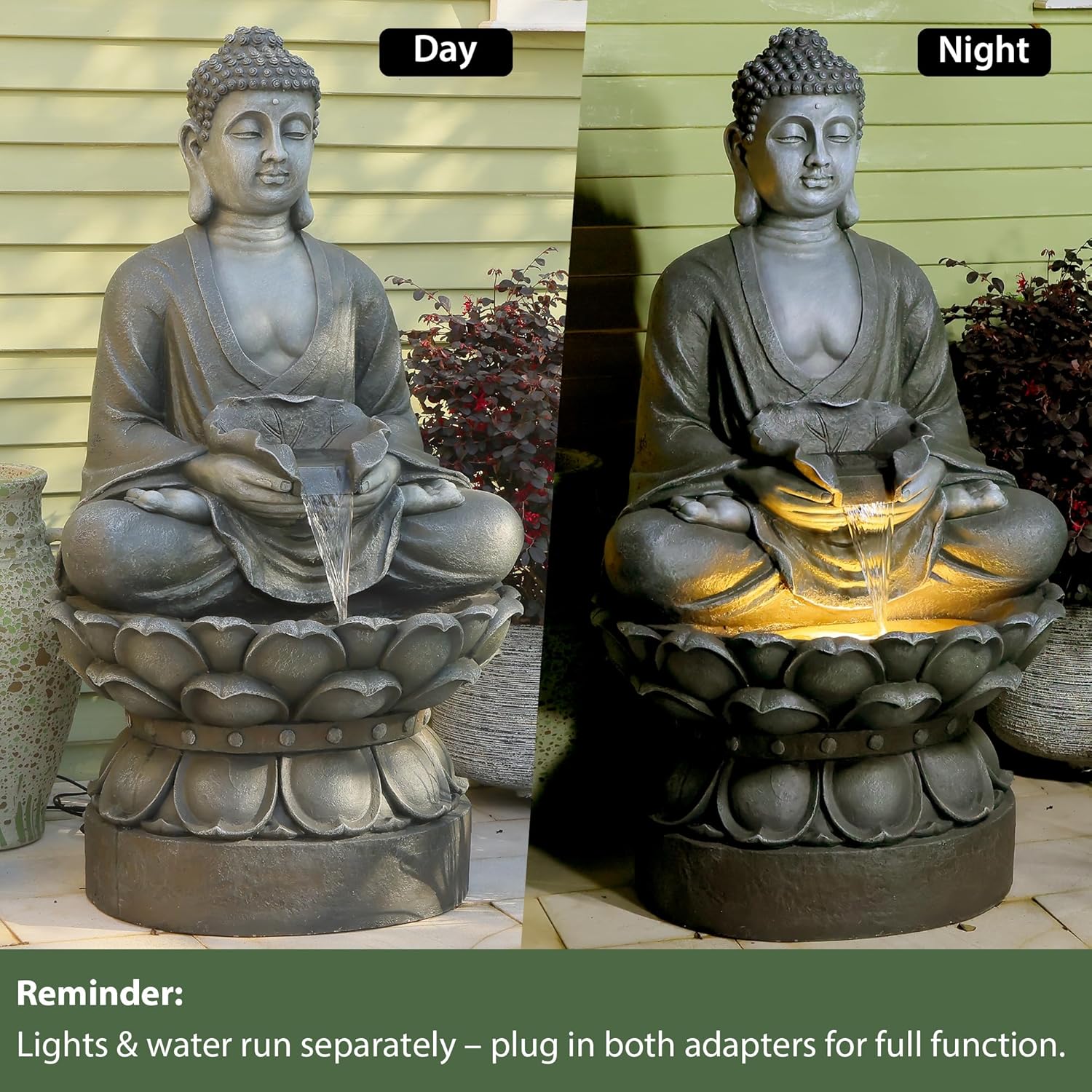Buddha Water Fountain Outdoor Large Sitting Lotus Base Waterfall Fountains Zen Water Feature Indoor with LED Light for Garden Patio Backyard Deck Lawn Porch Balcony Home 45 inches Gray