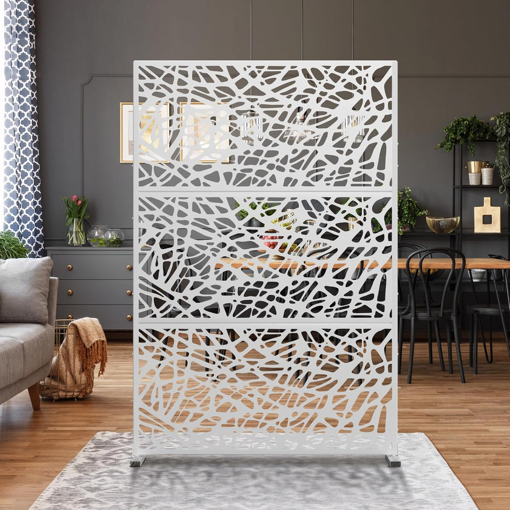Metal Privacy Screen Outdoor 72" H×47" W,Freestanding Decorative Privacy Screen for Balcony Yard&Garden,Privacy Fence-White&Net