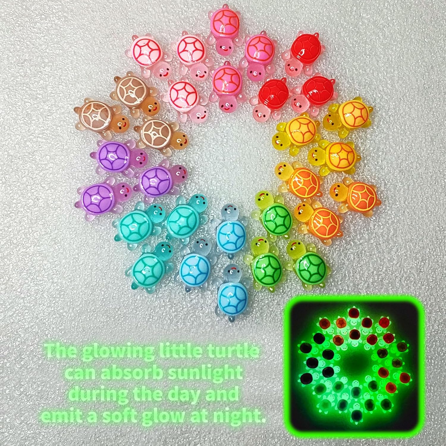 100 Pcs Small Glow in The Dark 3D Resin Turtles Miniature Garden Figurines,Accessories for Decorating DIY Dollhouse Fish Tank Fridge Wall Art, Safe, Durable, Non Fading 10 Colors