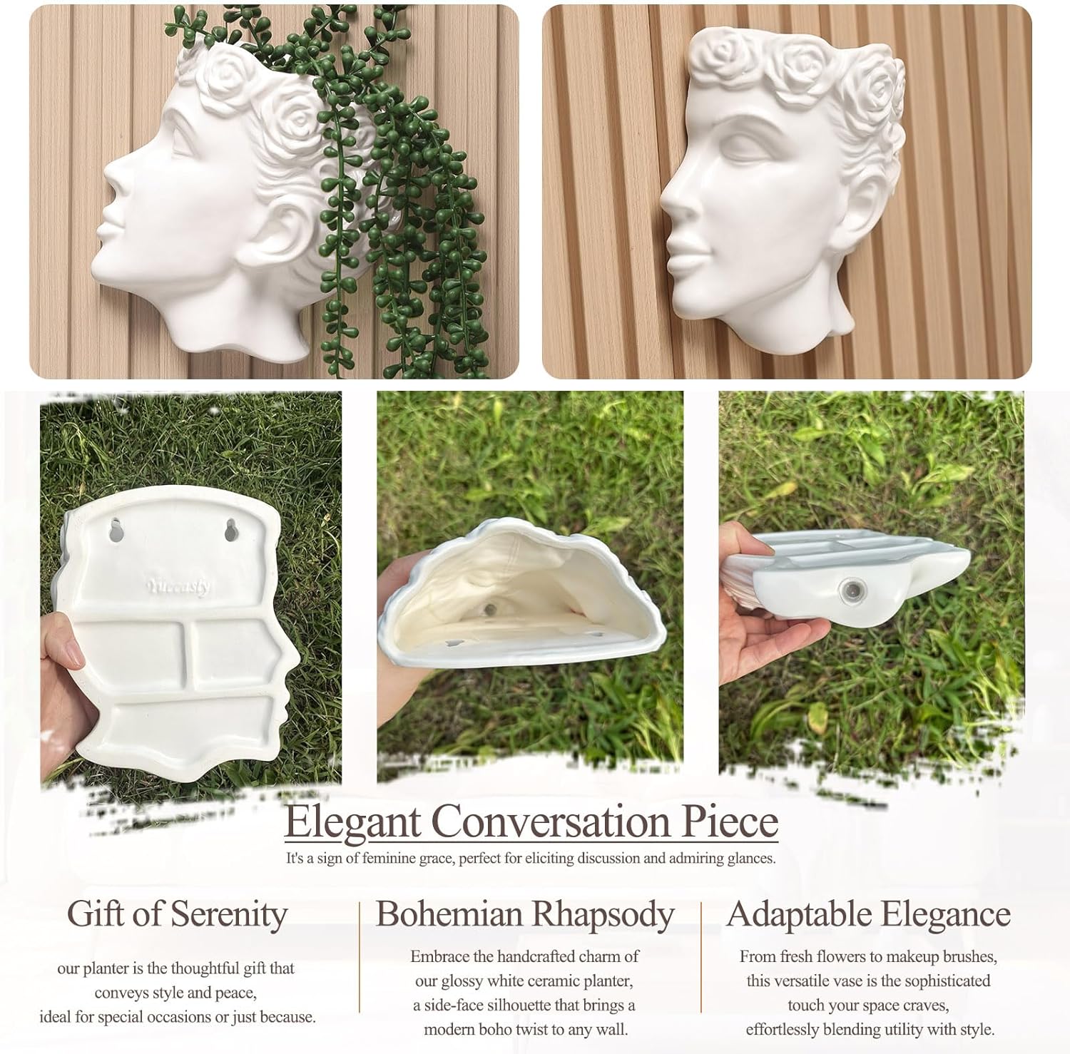 Side-Face Ceramic Planter – Glossy White, Wall-Hanging, with Drainage – 6.7"" Artistic Female Face Vase