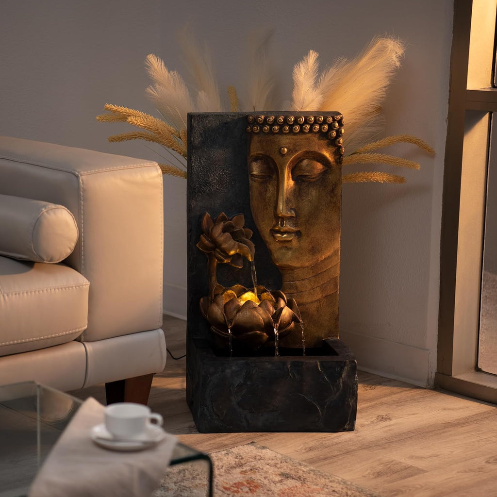 XBrand 30" Indoor/Outdoor Buddha Face Water Fountain with LED Light and Pump Zen Decor for Home, Office, Garden, and Patio