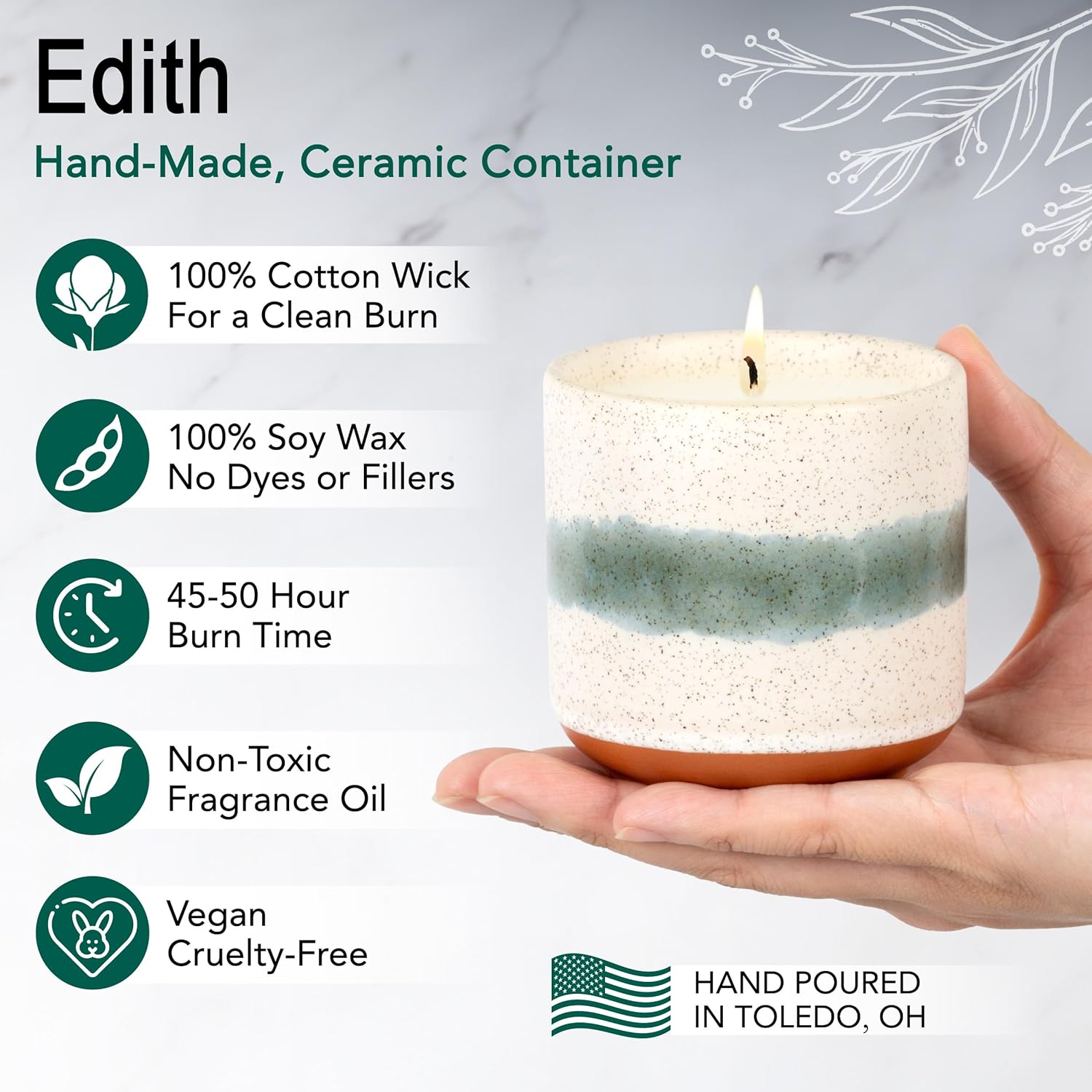 The Growing Candle, Sandalwood & Vanilla Scented, 8.5oz Ceramic Pot, Aromatherapy Candles for Home, 100% Soy, Edith