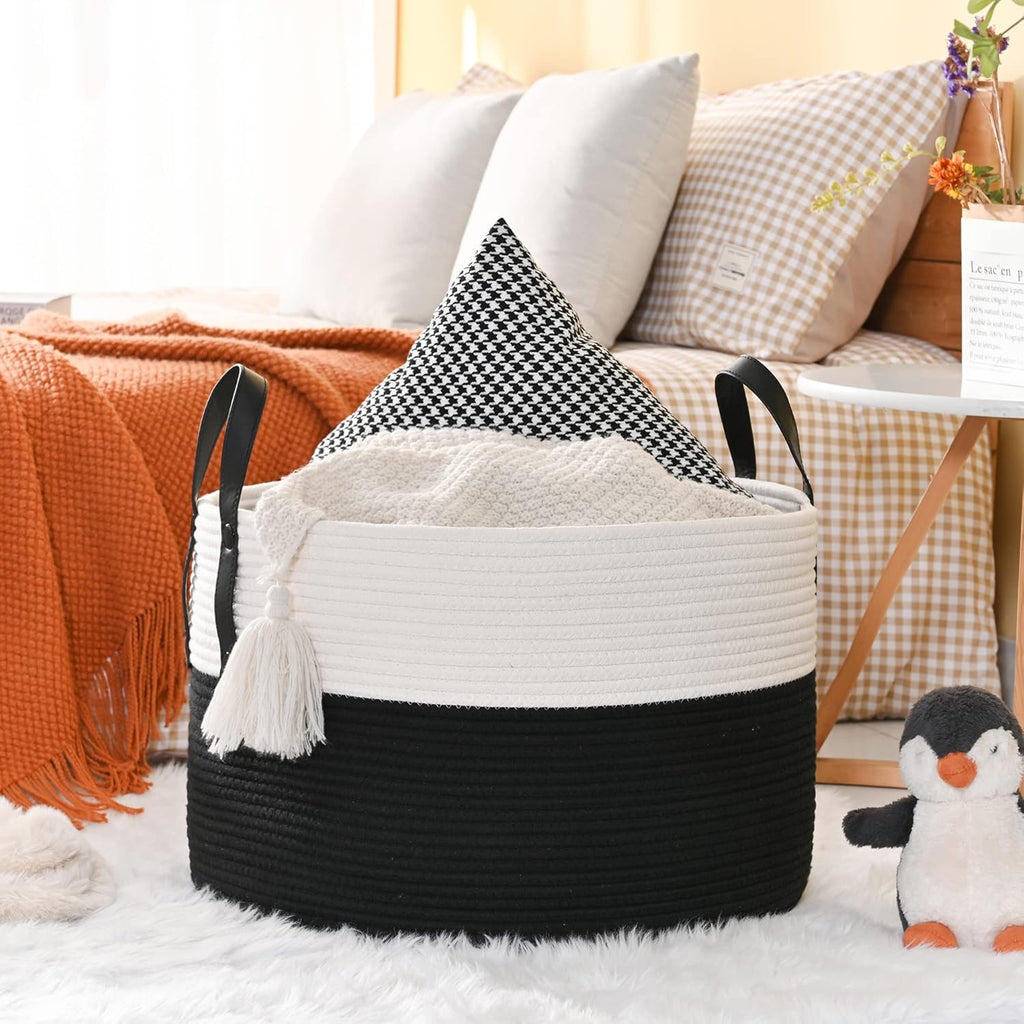 KAKAMAY Large Blanket Basket (20"x13"),Woven Baskets for storage Baby Laundry Hamper, Cotton Rope Blanket Basket for Living Room, Laundry, Nursery, Pillows, Baby Toy chest (White/Black)