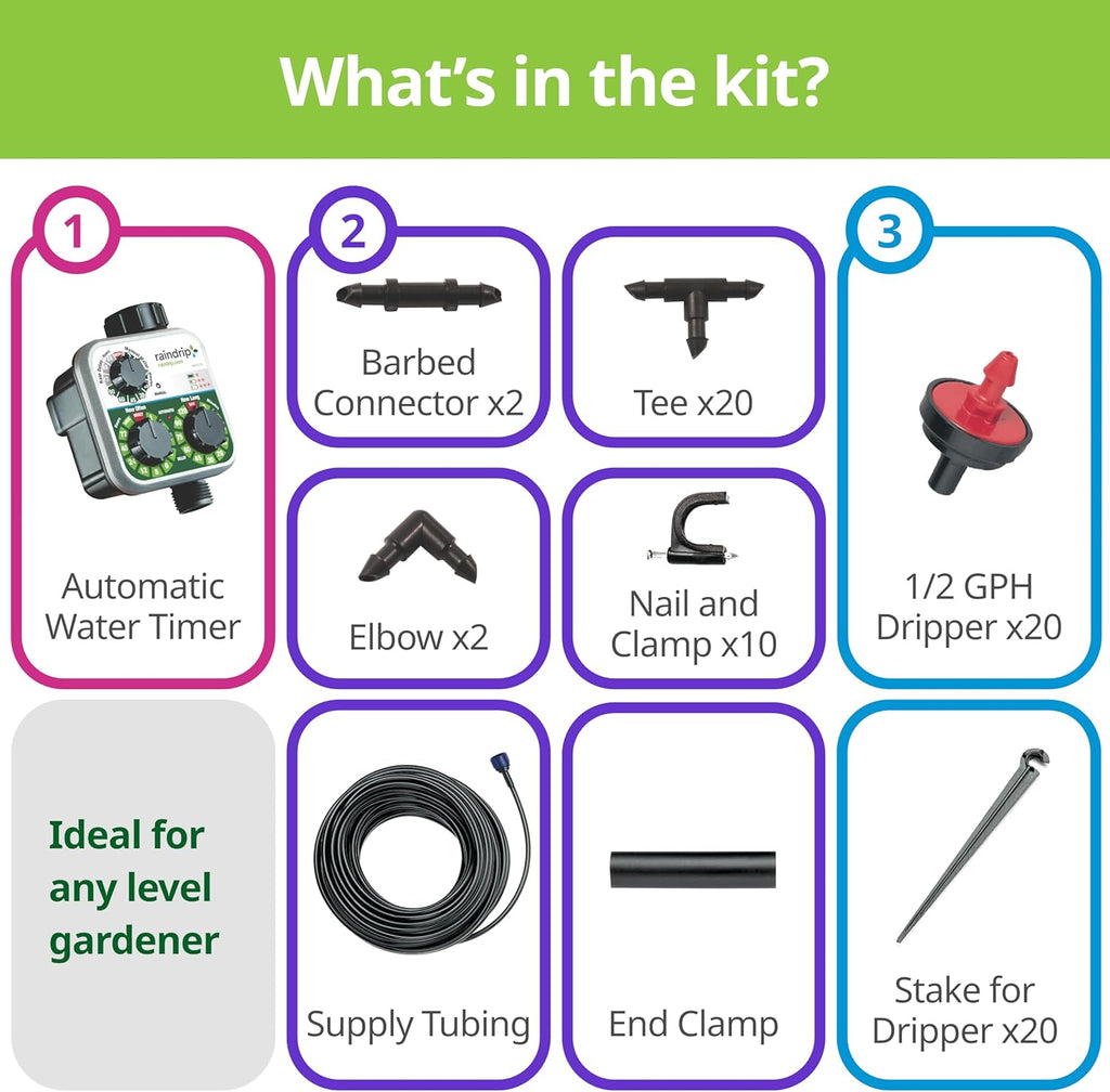 Raindrip R560DP Automatic Drip Irrigation Watering Kit with Customizable Timer for Containers and Hanging Baskets, Waters up to 20 Plants, Includes 20 PC Drippers, Black