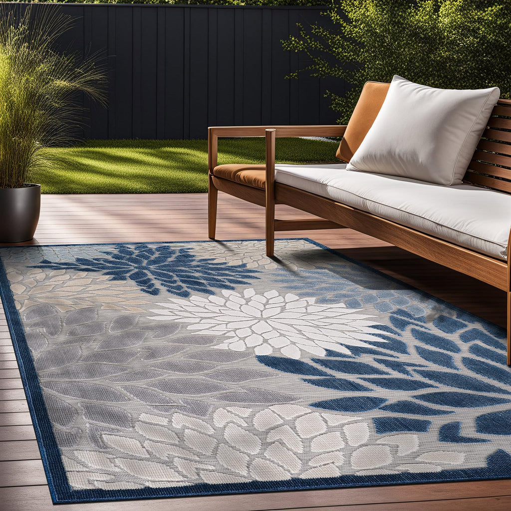 Beverly Rug Outdoor Rug 9x12 Large Modern Floral Tropical Area Rugs for Indoor and Outdoor Patio Easy to Clean Non Shedding Living Room Porch Garden Washable Outside Carpet (9 x 12 Blue)
