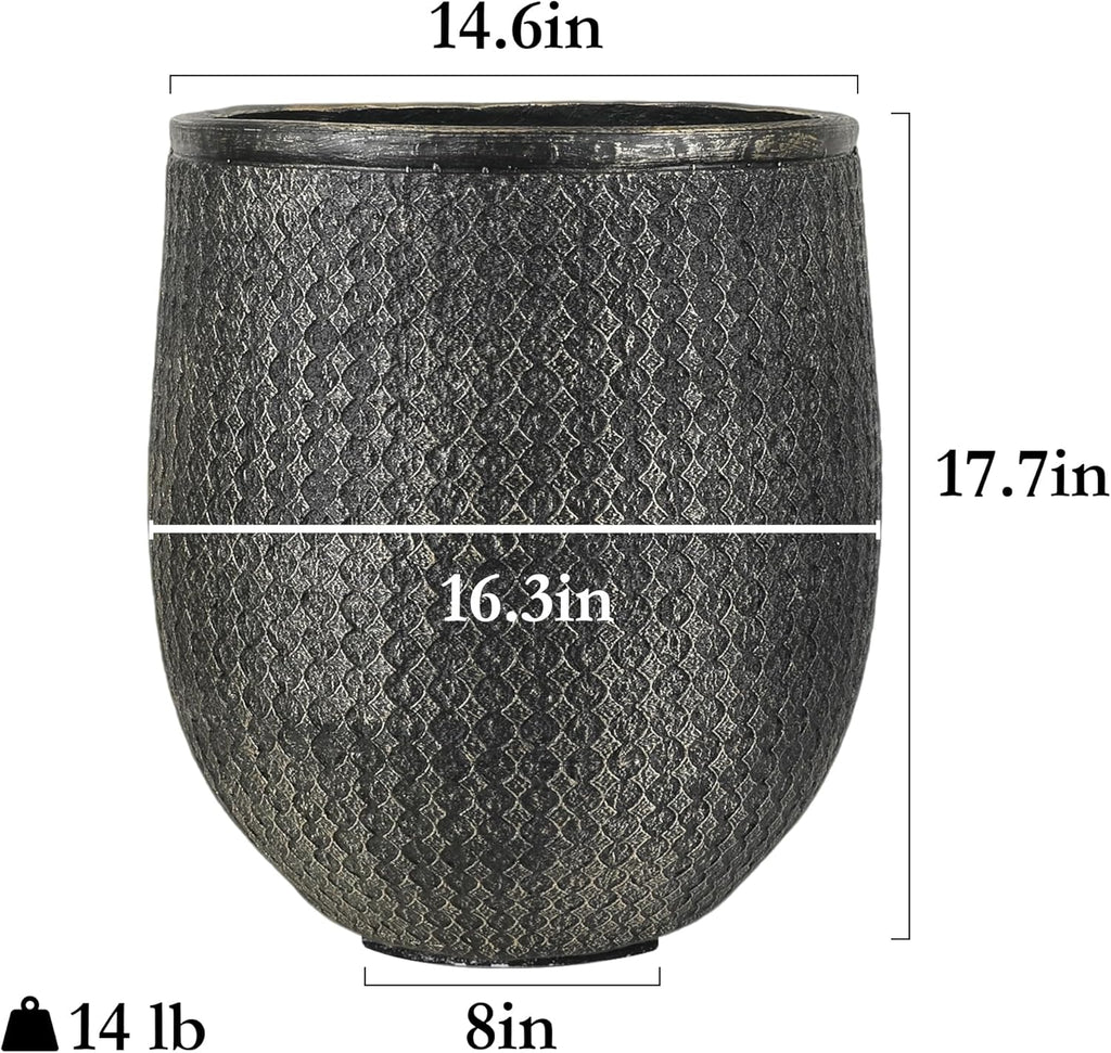 Worth Garden Large Round Planter – 14.5" Dia x 17.5" H Lightweight Magnesium Oxide Cement Plant Pot with Texture – Raised Pattern Concrete Look – Drainage Hole – Indoor & Outdoor Use - Black Gold