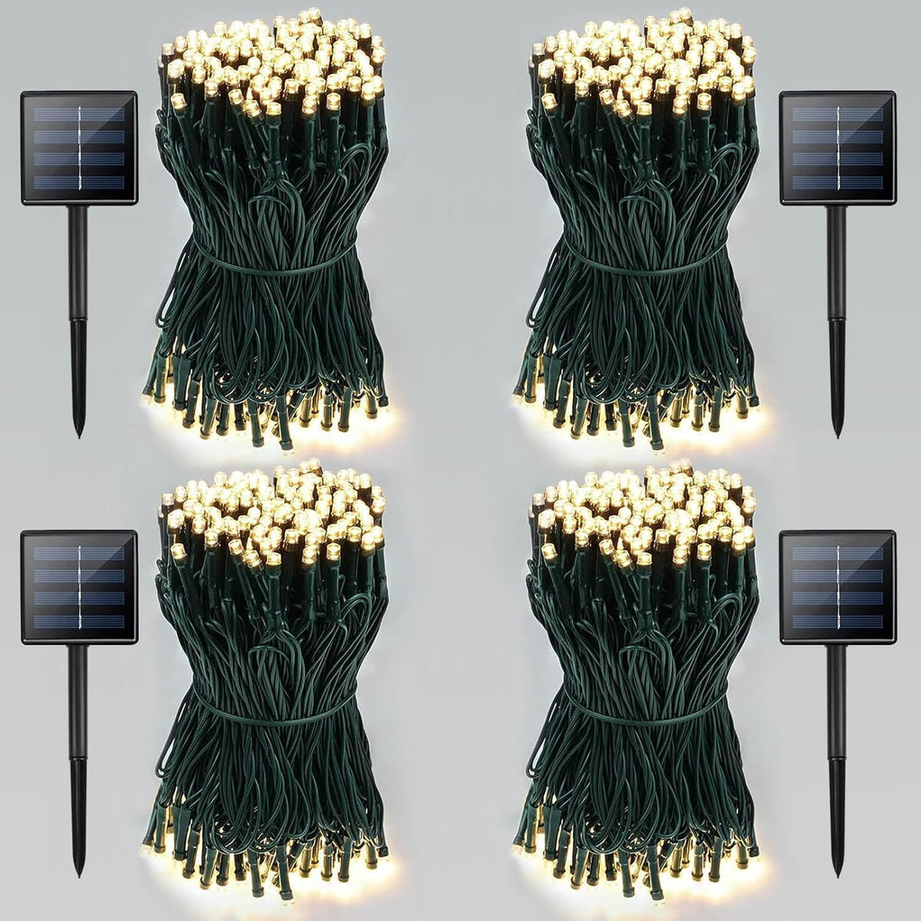 4 Pack Total 800 LED Solar Christmas Lights Outdoor, Solar String Lights for Outside with 8 Modes, Waterproof Green Wire Solar Powered Tree Light for Xmas Party Yard Garden Decorations (Warm White)