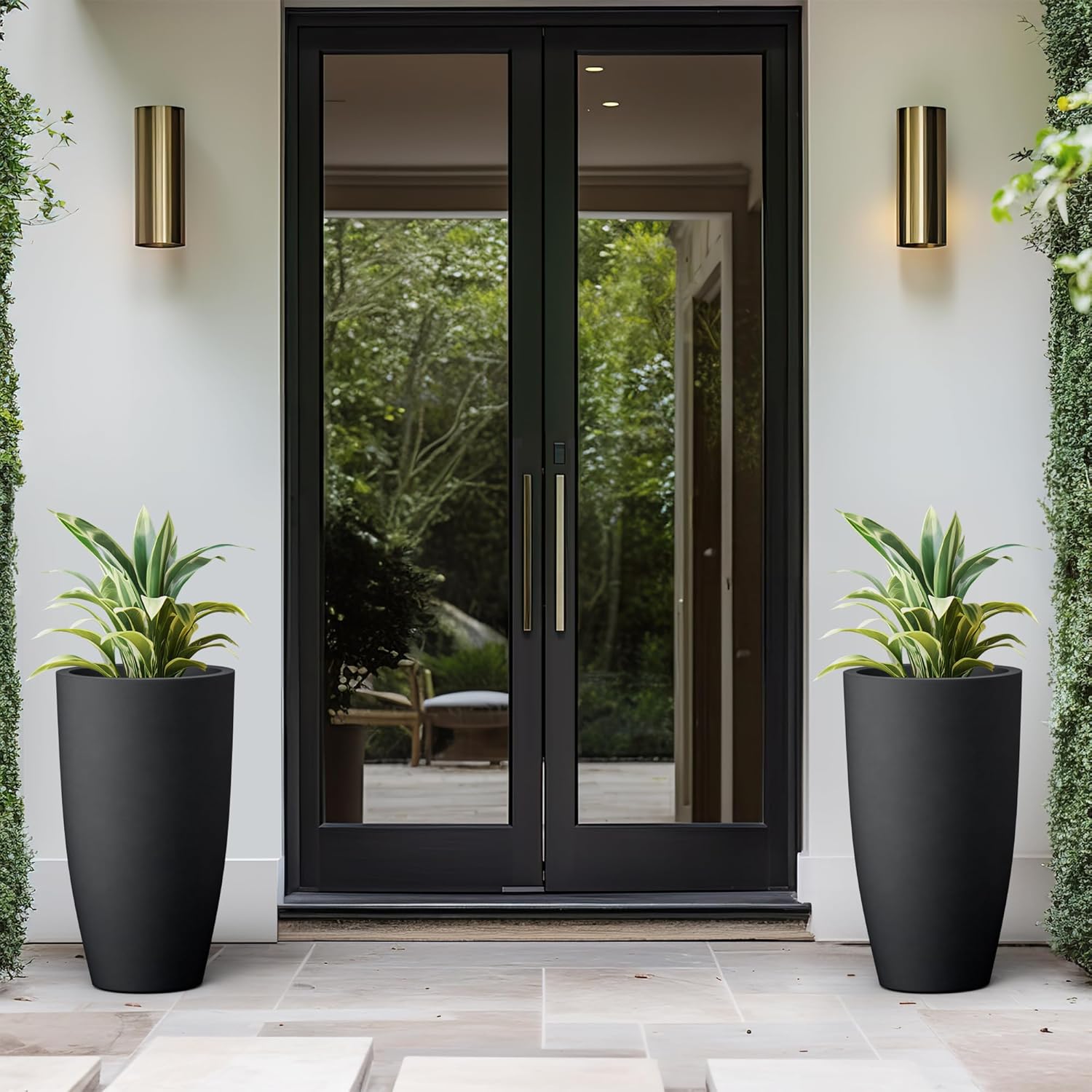 Kante 23.6" H Black Tall Planters (Set of 2), Large Outdoor Indoor Decorative Plant Pots with Drainage Hole and Rubber Plug, Modern Style for Home and Garden