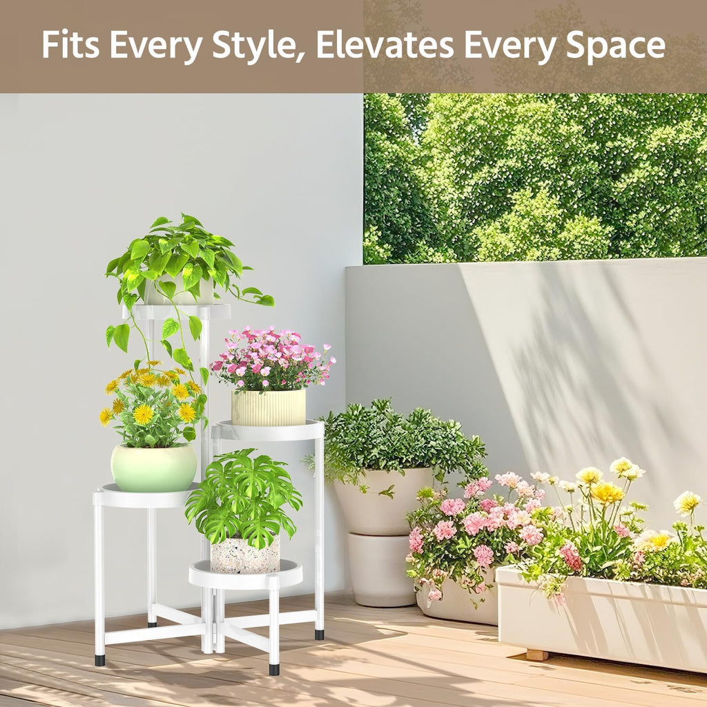 LASZOLA 4 Tiered Folding Plant Stand Indoor for Multiple Large Planter, Tall Heavy Duty Adjustable Rack with Rust Proof Plastic Shelving, Sturdy Vertical Tree Organizer for Narrow Inside Floor, White