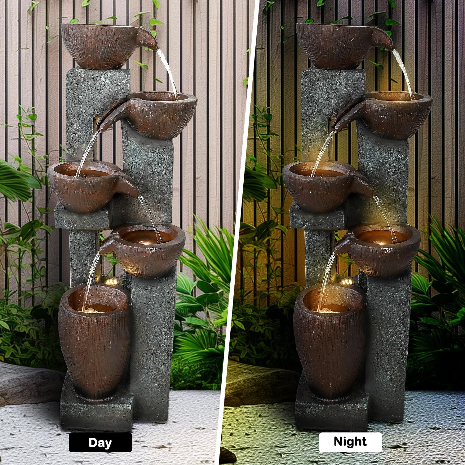 Naturefalls 39” H Modern Outdoor Fountain - 5 Crocks Outdoor Garden Fountains with Contemporary Design&LED Light for Garden, Patio, Deck, Porch, Backyard and Home Art Decor