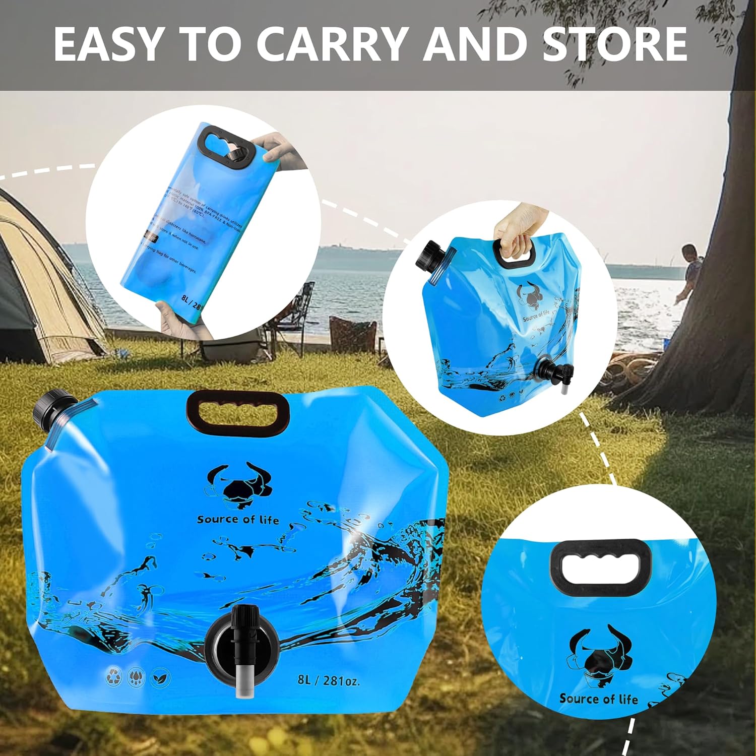 Collapsible 8L Water Storage Bag, BPA-Free Portable Folding Water Jug with Adjustable Faucet, Leakproof Emergency Water Bag for Camping, Hiking, Riding, Outdoor Sport (Blue, 4)