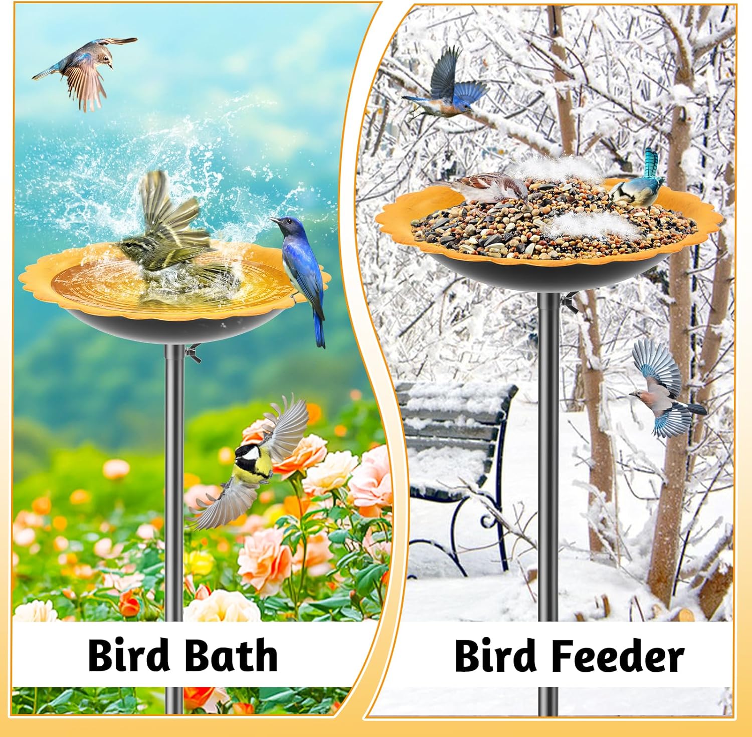 MeyRoliz Metal Bird Bath for Outside, Detachable Birdbath Birdfeeder Bowl, Freestanding Birdfeeders Bird Bath Bowl for Garden (Orange)