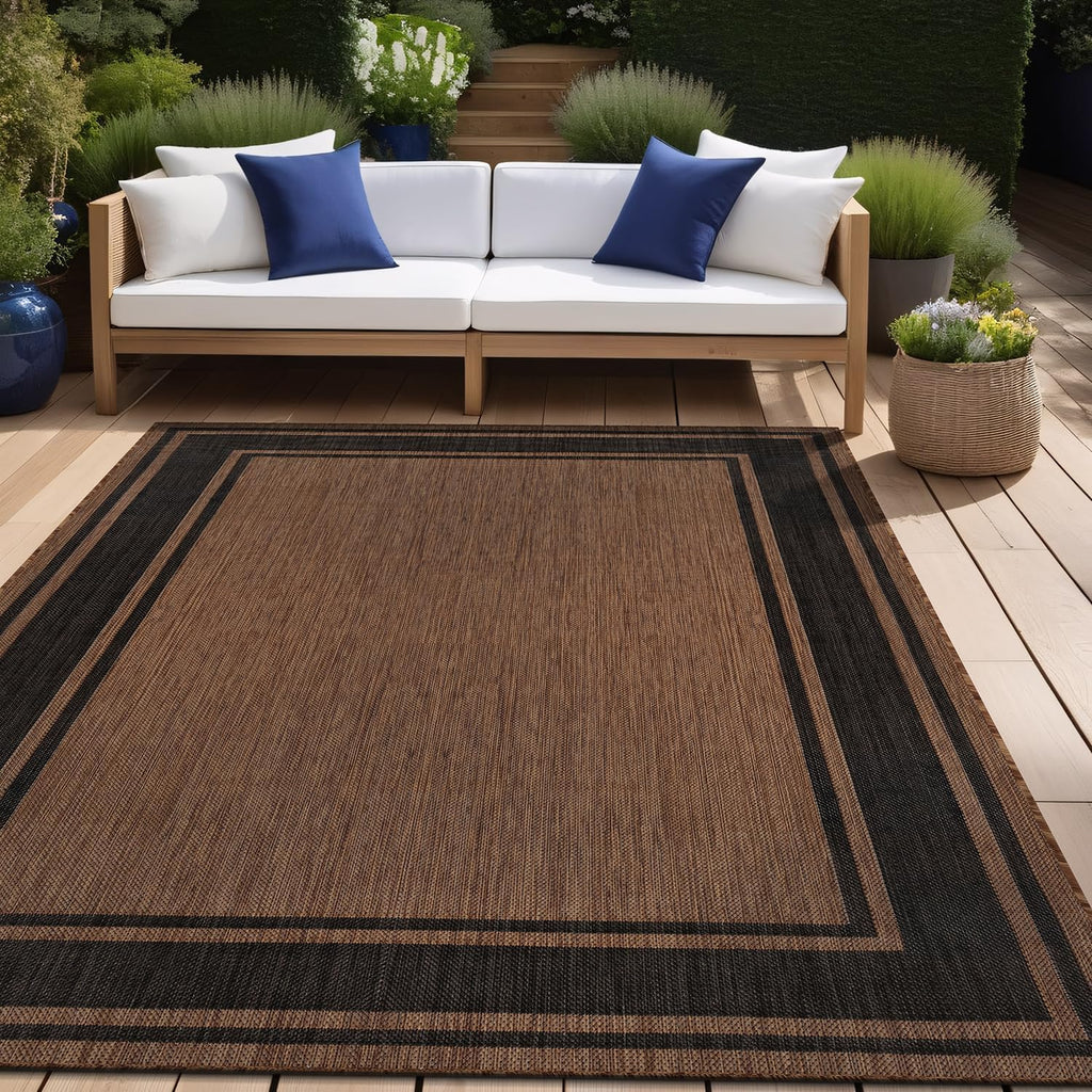 Beverly Rug Large Outdoor Rug 10x14 Modern Bordered Area Rugs for Indoor and Outdoor Patio Deck Porch Garden Waterproof Weather Sun Resistant Washable Outside Carpet (10 x 14 Gold)