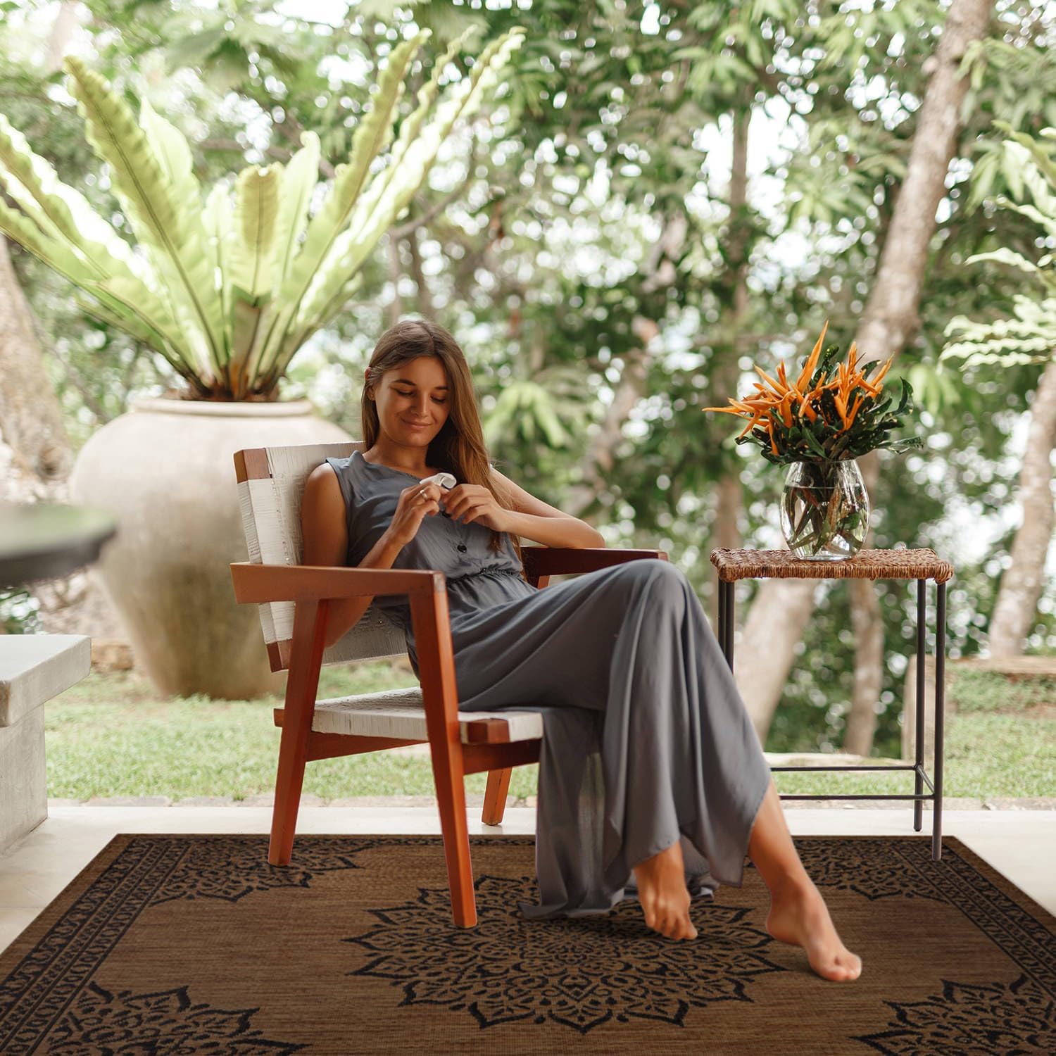 CAMILSON Outdoor Rug 8x10 Medallion Nut Brown Black Modern Area Rugs for Indoor and Outdoor Patios, Kitchen and Hallway Rug, Washable Porch Deck Outside Carpet (8 x 10)