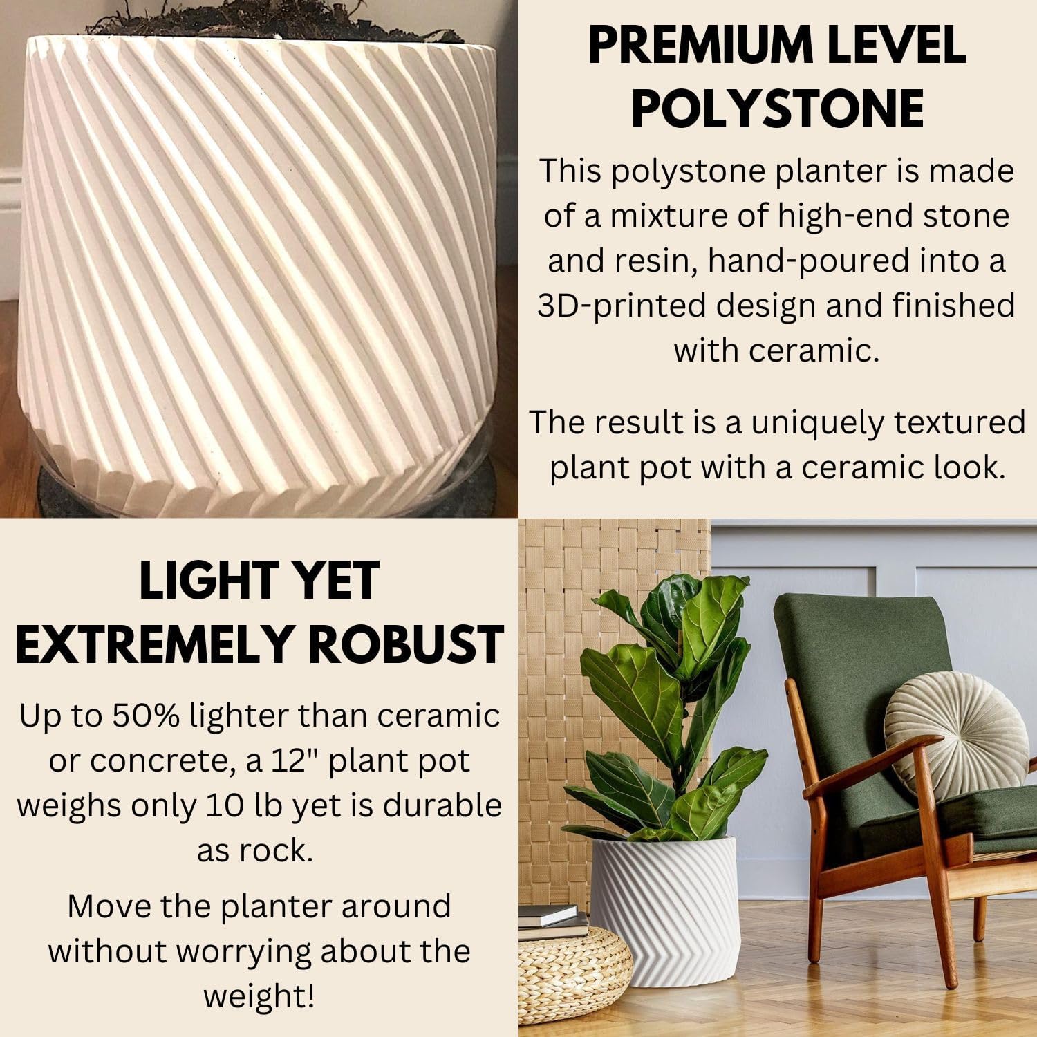 Fox & Fern Large 12 Inch Planter with Drainage Plug — Premium Polystone White Plant Pot; Modern Planter with 3D Texture and Ceramic Finish; 12 Inch Pots for Plants Indoor & Outdoor