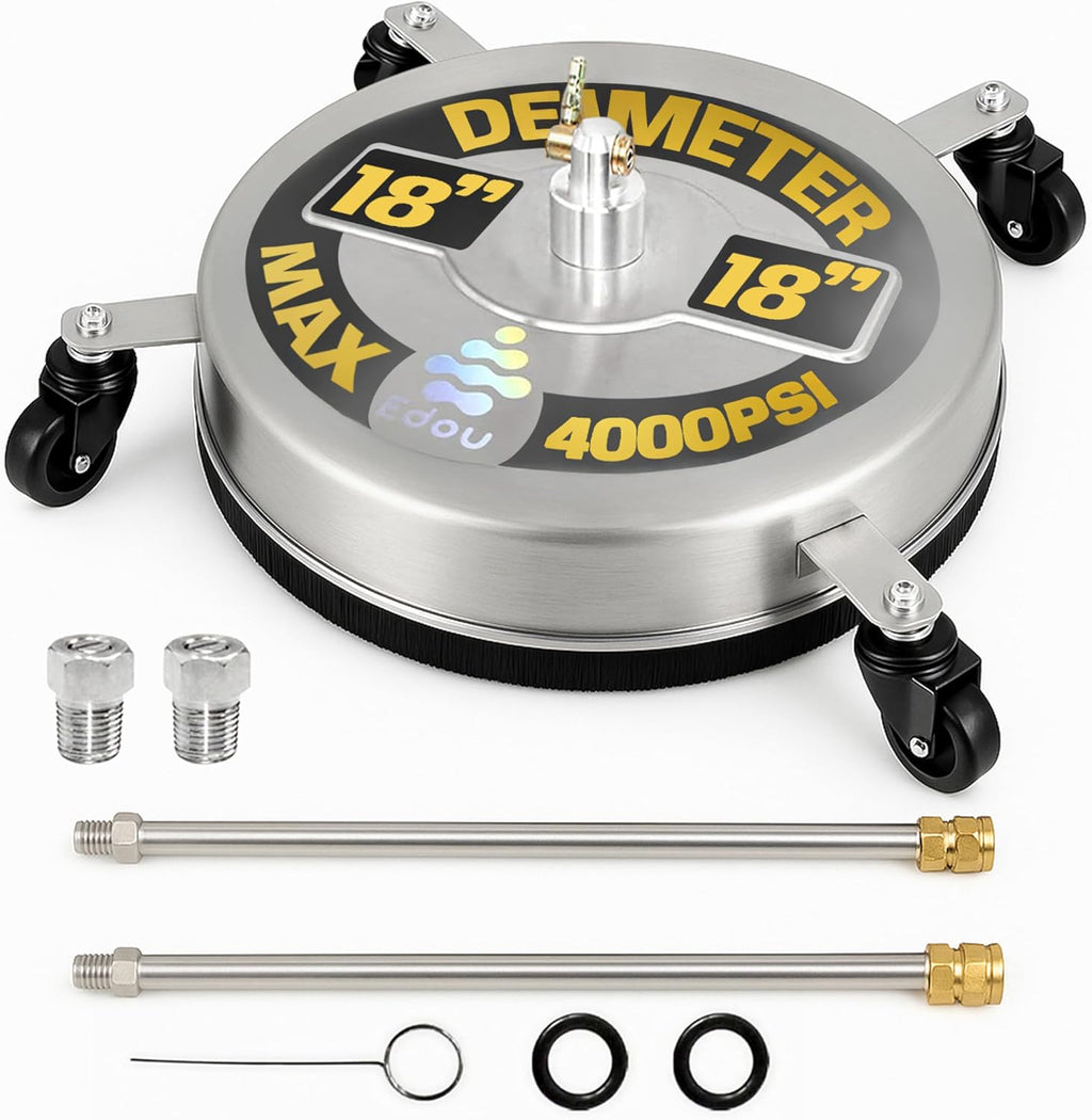 EDOU 18 inch Pressure Washer Surface Cleaner - Stainless Steel Power Washer Attachment - 4,000 PSI Max - Concrete Cleaner with Dual Nozzles and Extension Wands - Silver