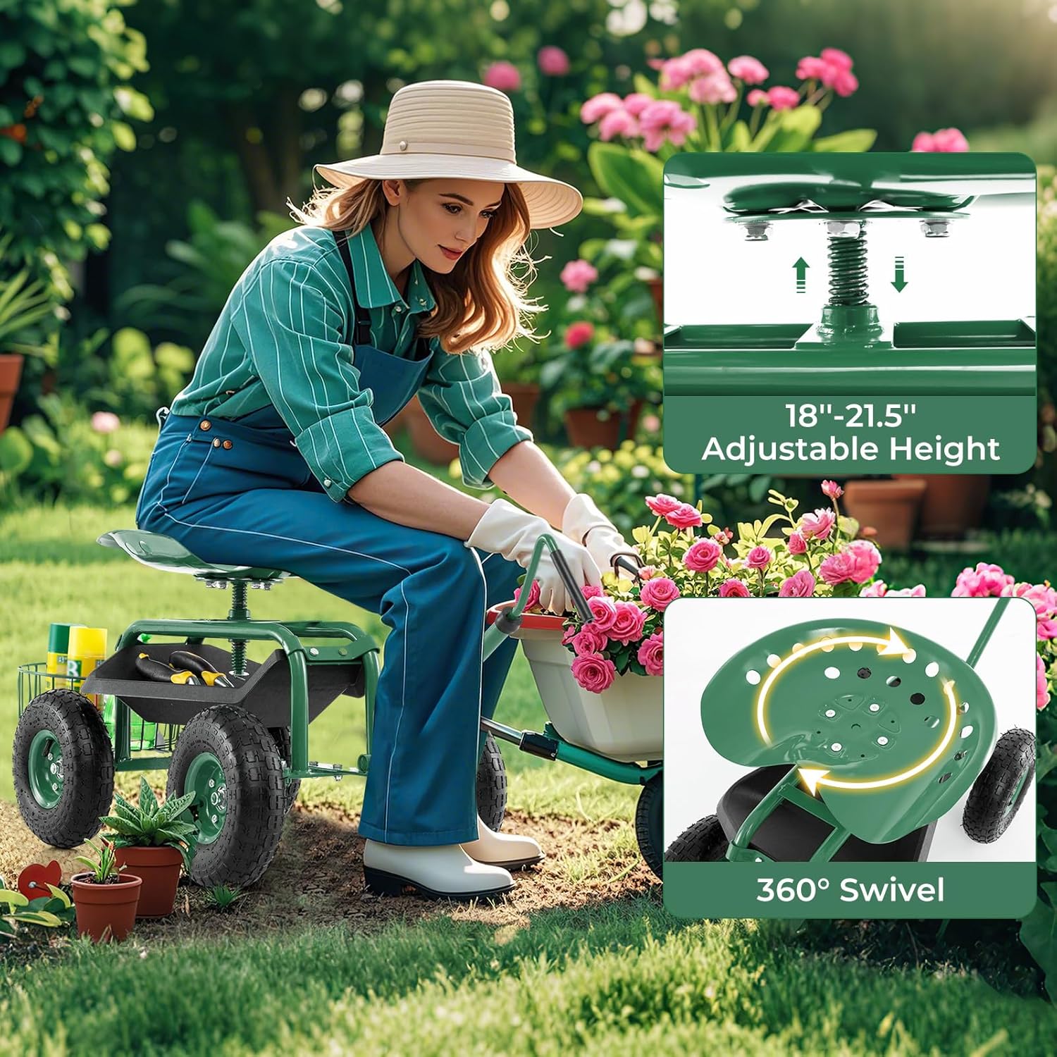 Rolling Garden Seat, Garden Stool with Wheels, Extendable Handle, Storage Basket & Tool Tray, Garden Scooter with 360 Degree Swivel Seat for Outdoor & Yard (Green)