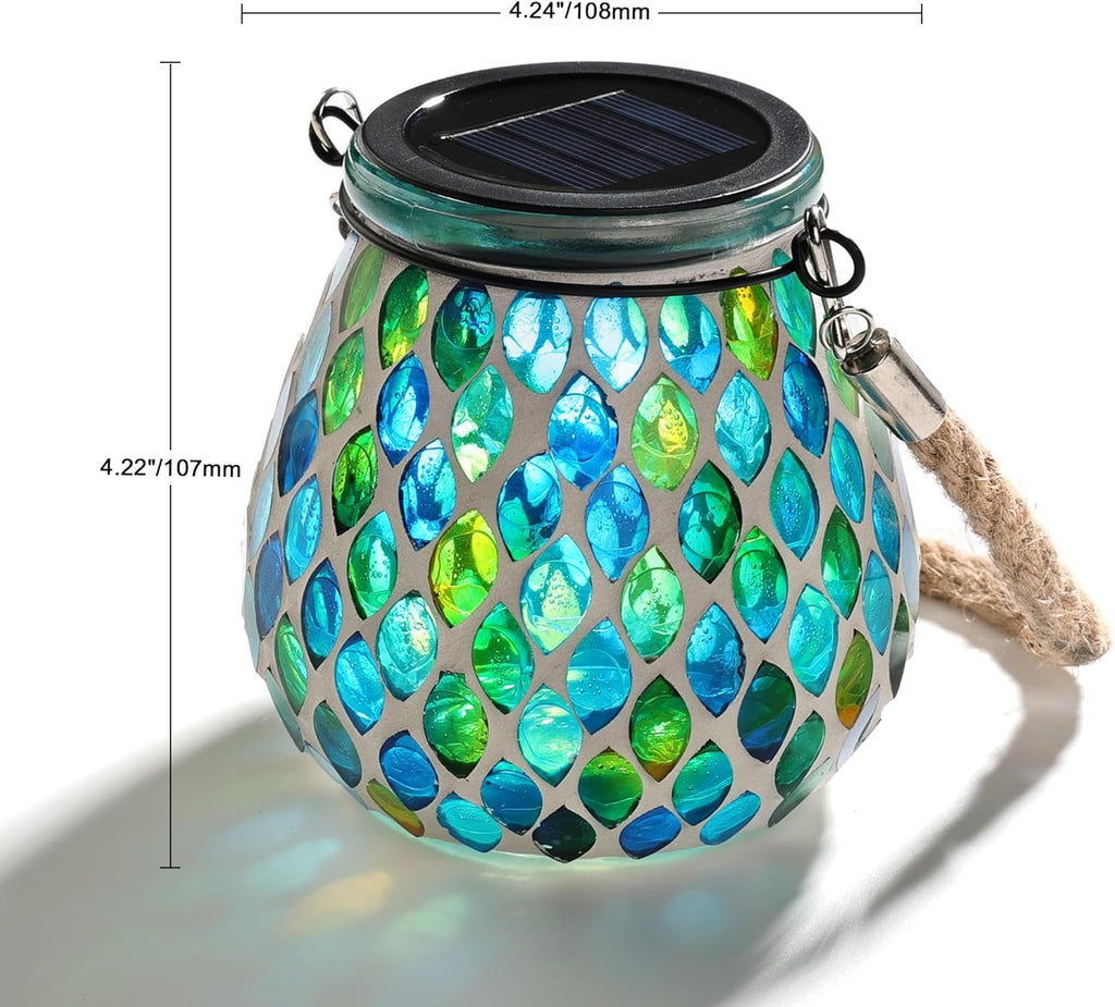 Cooo 4 Pack Mosaic Solar Lantern Outdoor Waterproof IP68 Hanging Projection Light Hidden Lid Pear-Shaped Lantern with Rope Handle Solar Powered Auto On for Patio Garden Fence Table - Azure Lattice