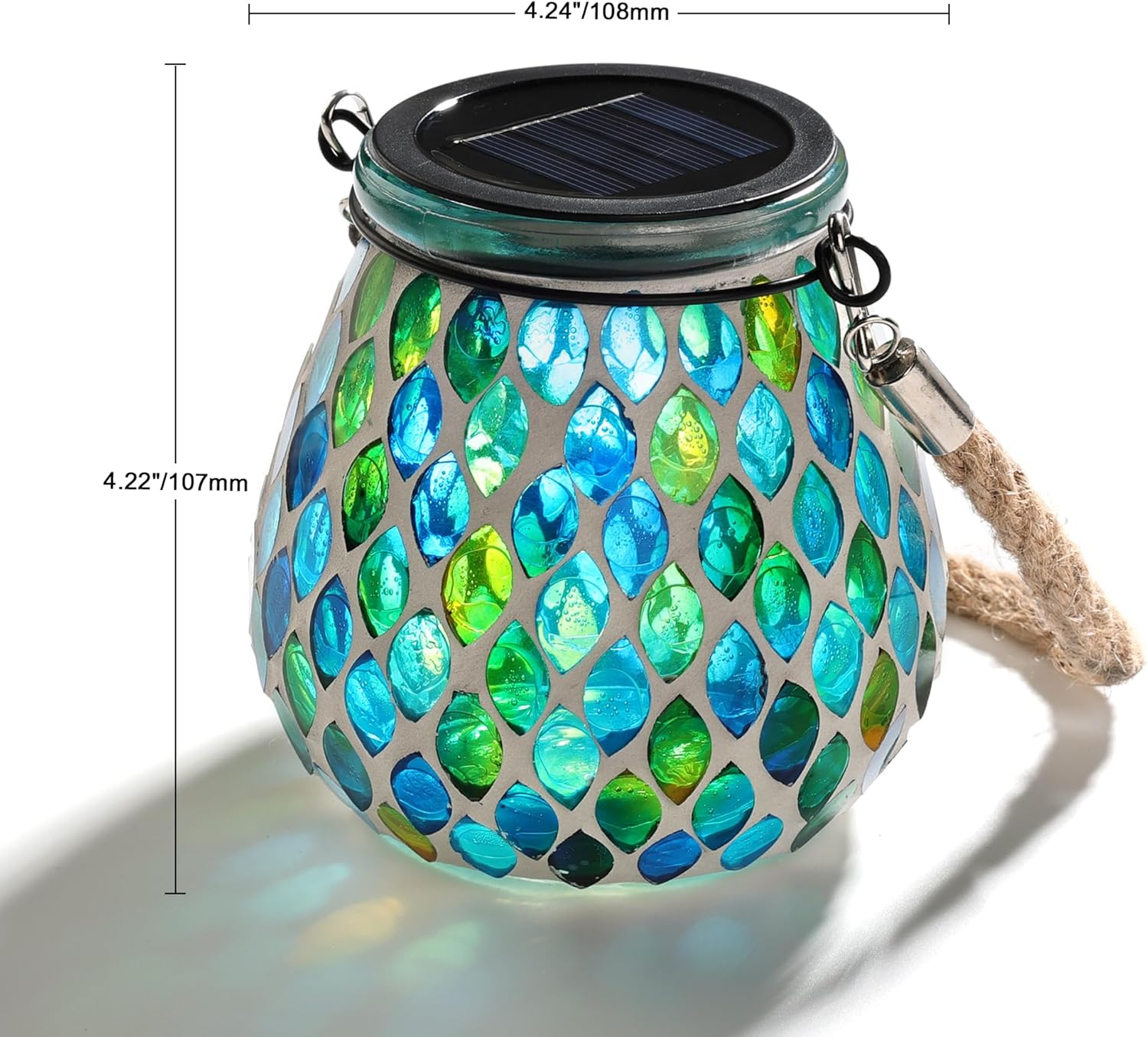 Cooo 2 Pack Mosaic Solar Lantern Outdoor Waterproof IP68 Hanging Projection Light Hidden Lid Pear-Shaped Lantern with Rope Handle Solar Powered Auto On for Patio Garden Fence Table - Azure Lattice