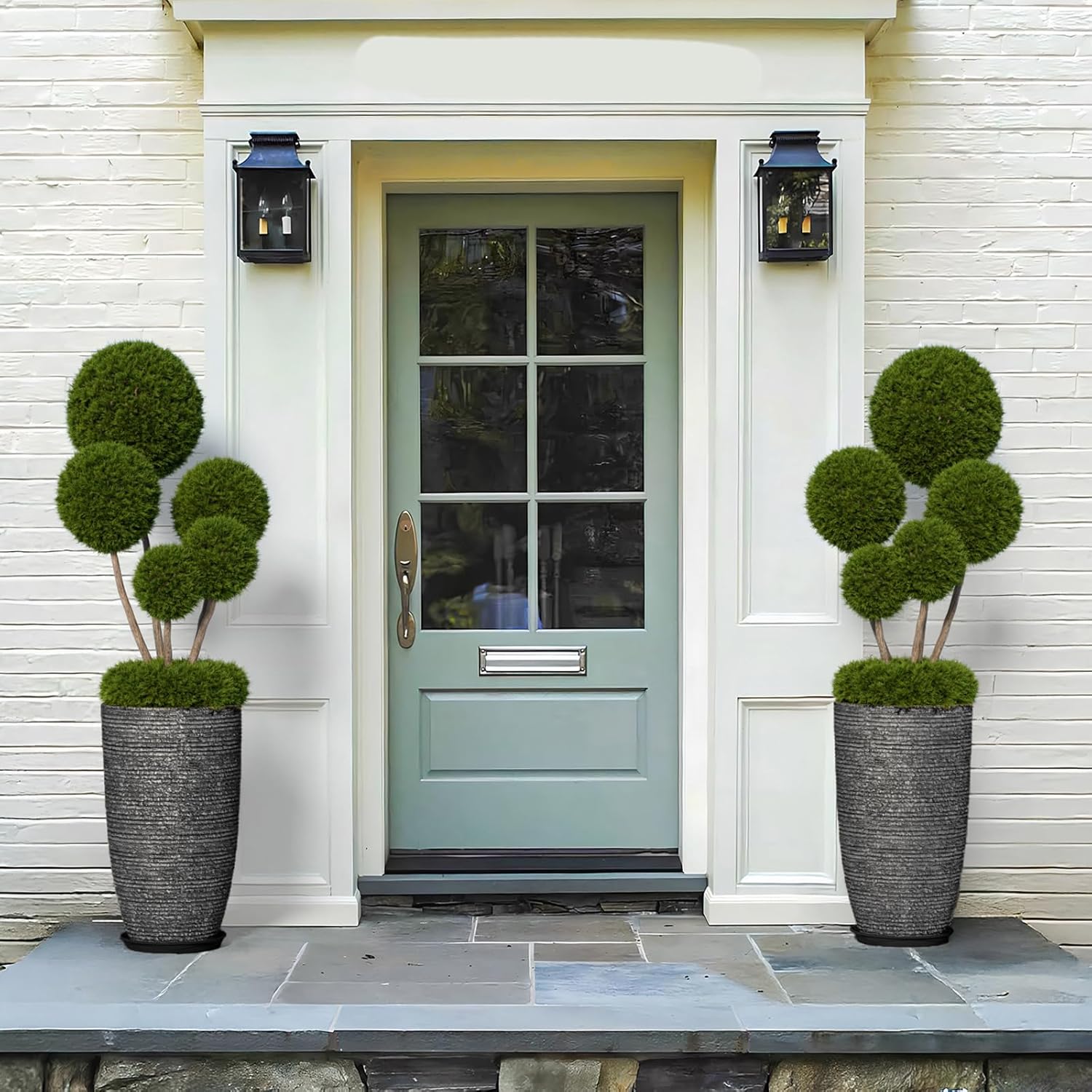 QCQHDU Large Tall Dark Gray Planters Set of 2-9 Gallon 12" Round Outdoor Planters for Front Door & Patio, Faux Stone Indoor Plant Pots with Tray, Porch Decor Plant Containers