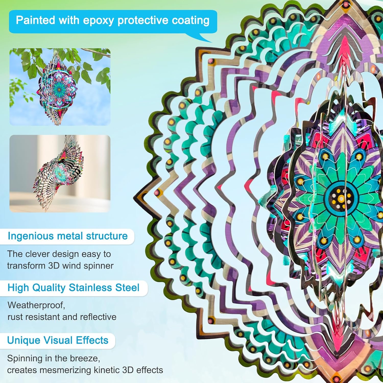 Goolyrusim Wind Spinner Mandala Jasmine, 12Inch Laser Cut Stainless Steel Wind Spinners, 3D Hanging Wind Sculptures for Yard and Garden Decoration Outdoor Decor Ornament, Mandala Gifts for Women Men