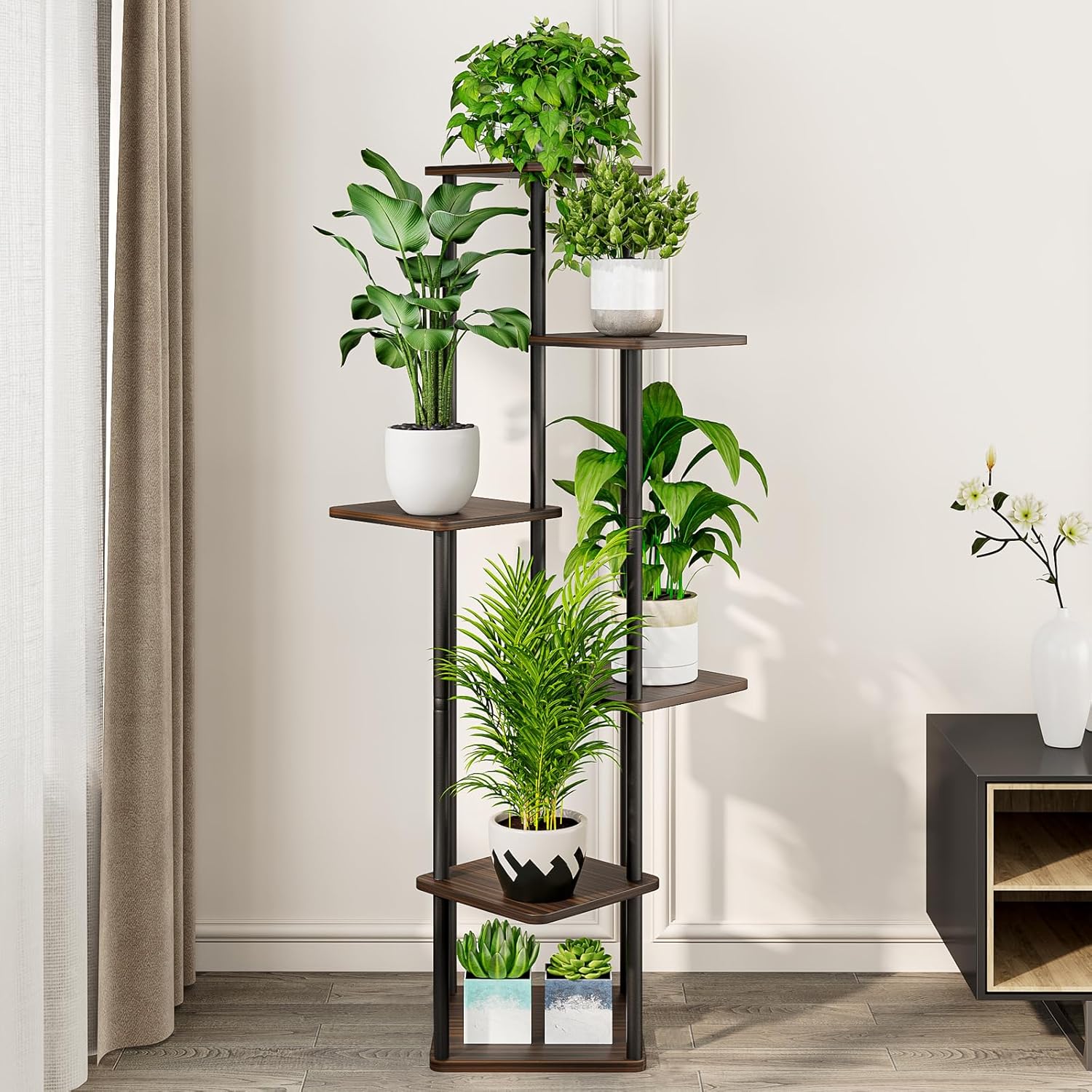 AZERPIAN Plant Stand 6 Tier Indoor Metal Flower Shelf for Multiple Plants Corner Tall Flower Holders for Patio Garden Living Room Balcony Bedroom, Black Oak