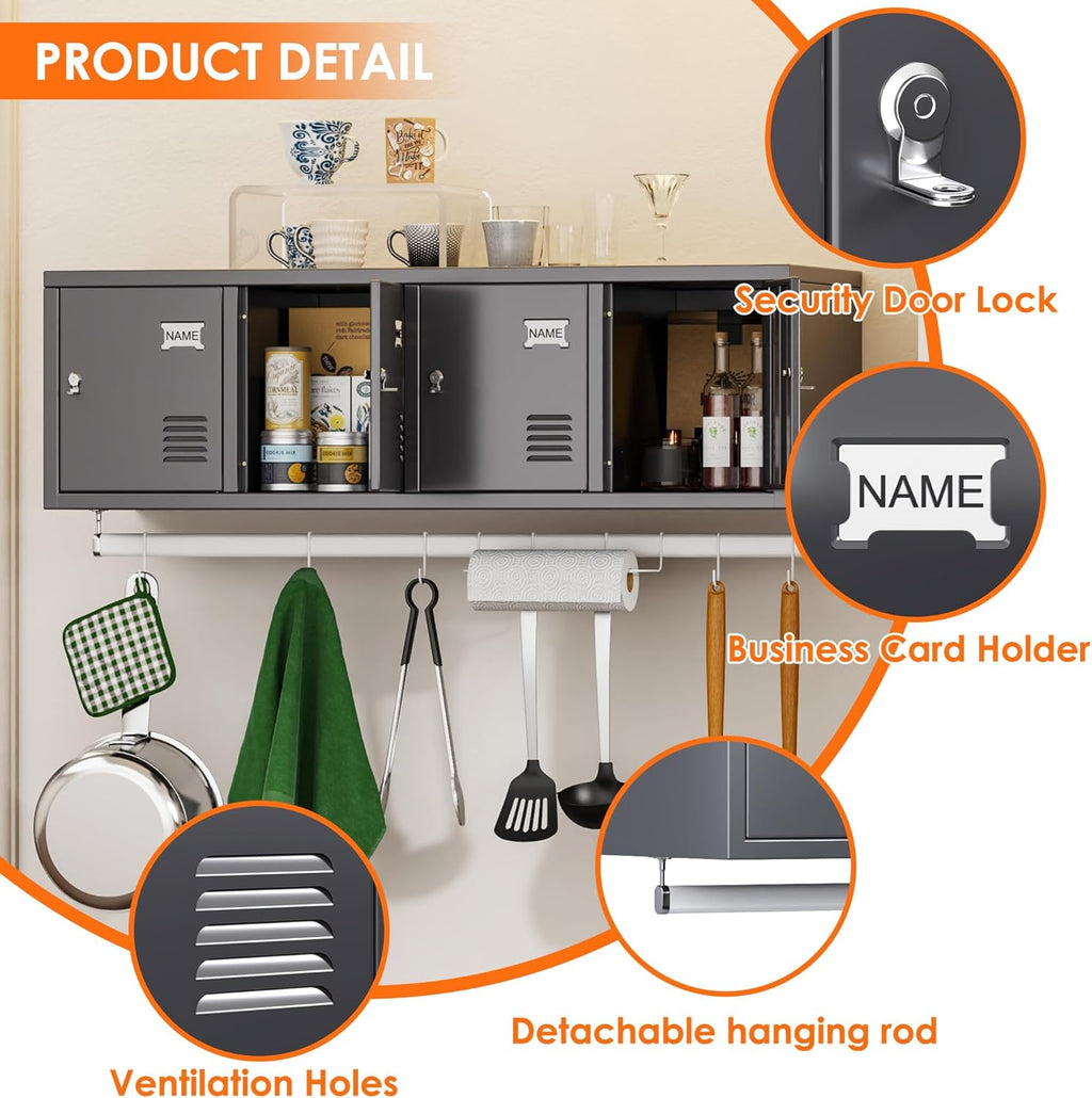 Metal 4 Doors Locker Cabinet with Hanging Rod, Wall-Mounted Storage Lockers for Home, Office, Garage, Storage, Assembly Required, Dark Gray
