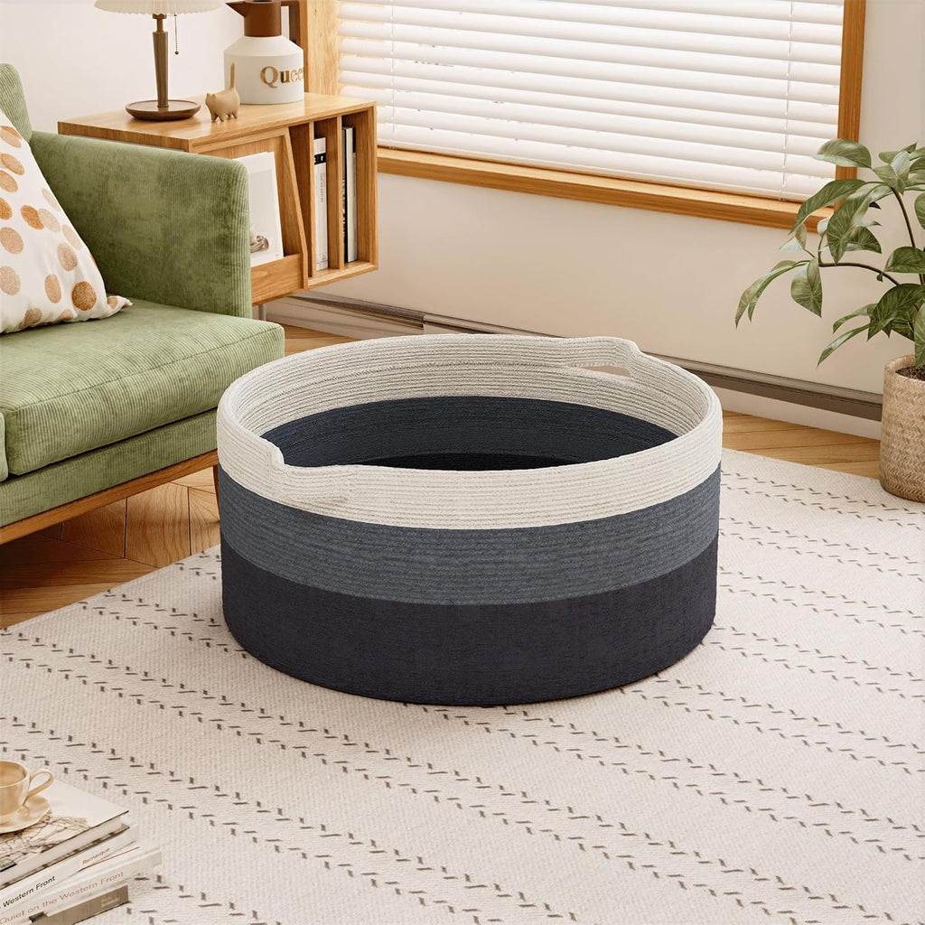 125L Extra Large Blanket Basket, 25" x 16", Jumbo Laundry Woven Baskets Decorative Home, Cotton Rope Basket with Handles, Baby Toy Baskets for Storage, Gradual Blue, 2PC