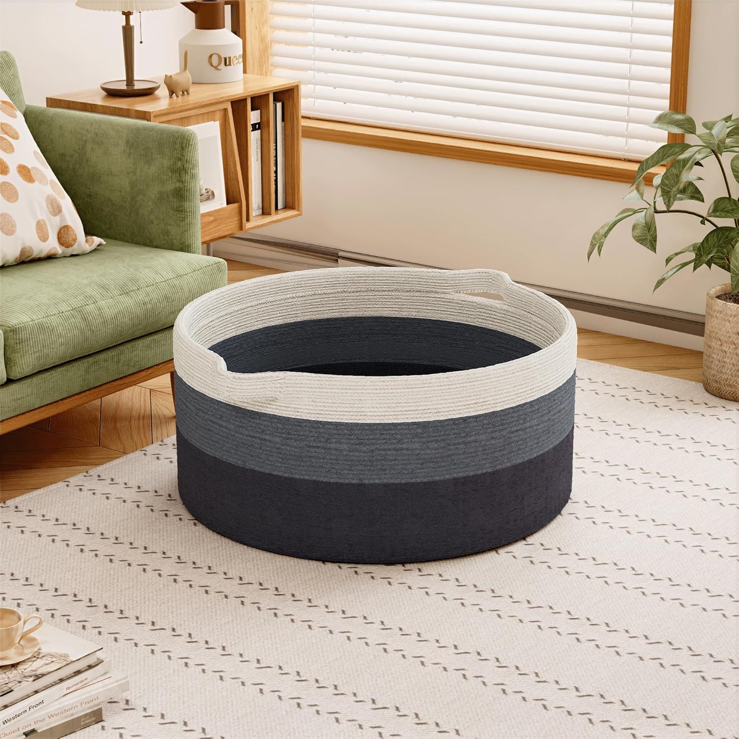 125L Extra Large Blanket Basket, 25" x 16", Jumbo Laundry Woven Baskets Decorative Home, Cotton Rope Basket with Handles, Baby Toy Baskets for Storage, Gradual Blue, 2PC