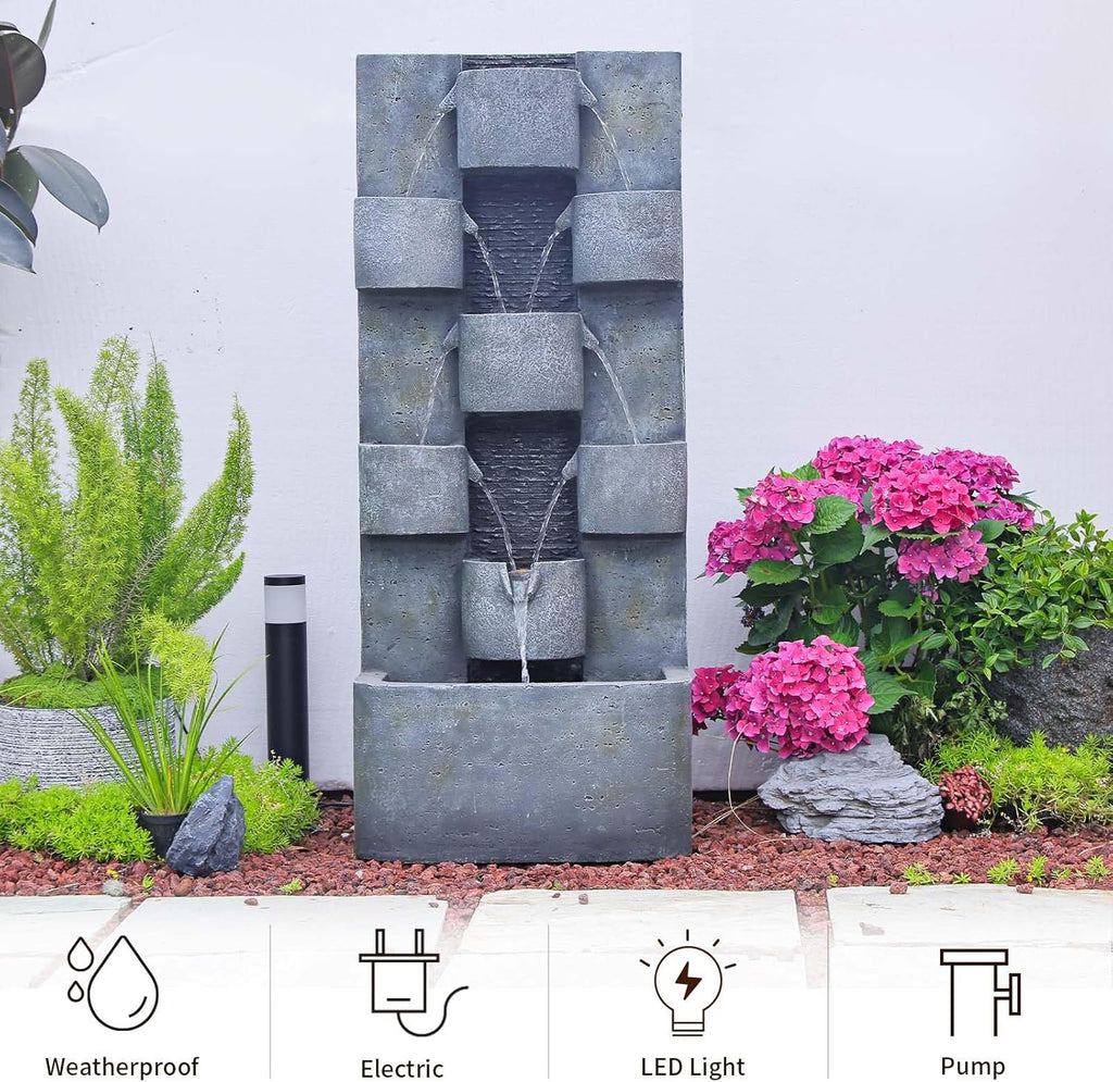 44.8" H Modern Outdoor Water Fountain with LED Lights and Pump, Mutiply-Tier Standing Cascading Waterfall - Modern Design for Garden,Patio,Yard, Multi-Level Outdoor Decor (Gray)