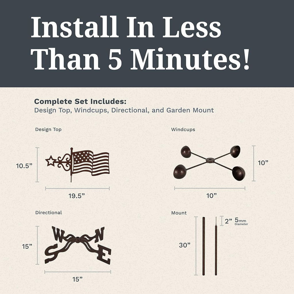 EZ Vane Steel USA Flag Weathervane 80” Height, Includes Metal Garden Mount, Wind Cups & Brackets | Hand-Crafted and Family-Owned, Made in The USA with Triple Powder Coating, Limited