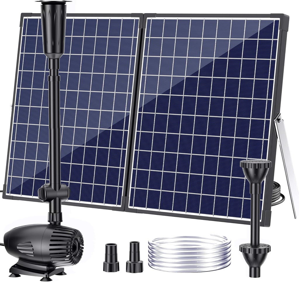 POPOSOAP 55W Solar Water Pump, Solar Water Fountain with Water Shortage Protection, Solar Pond Pump Water Flow Adjustable with PVC Tubing, 17Ft +10Ft Cord for Ponds, Garden, Waterfall, Hydroponics