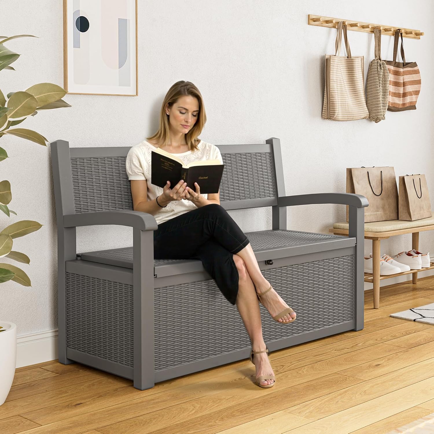 80 Gallon Outdoor Storage Box, Resin Patio Furniture with Armrest, Lockable Deck Box with Waterproof and UV Resistant for Patio Cushions, Garden Tools and Pool Supplies, Grey