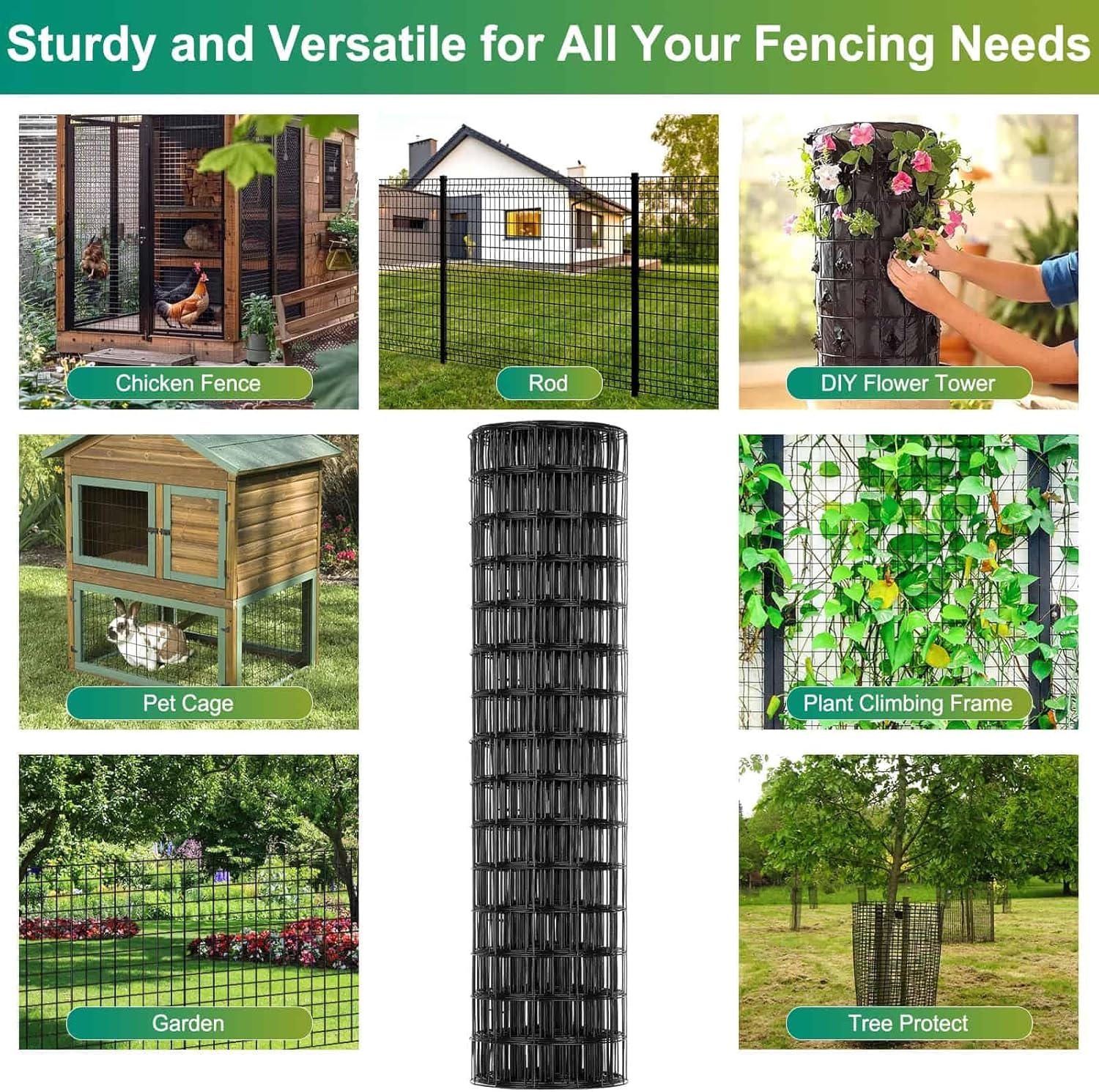 Black PVC Coated Welded Wire Fence 24 Inch x 49 Foot, 2.4" x 2.4" 14GA Garden Fence Roll Vinyl Coating Metal Wire Mesh Fence for Yard Vegetable Plant Protection Outdoor Dogs Poultry Netting