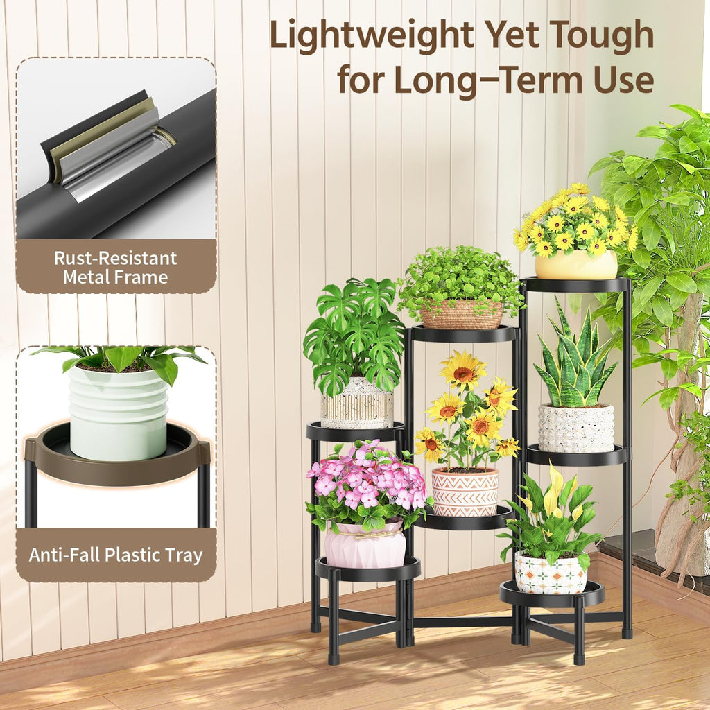 LASZOLA 7 Tiered Folding Plant Stand Indoor for Multiple Large Planter, Tall Heavy Duty Adjustable Rack with Rust Proof Plastic Shelving, Sturdy Vertical Tree Organizer for Narrow Inside Floor, Black
