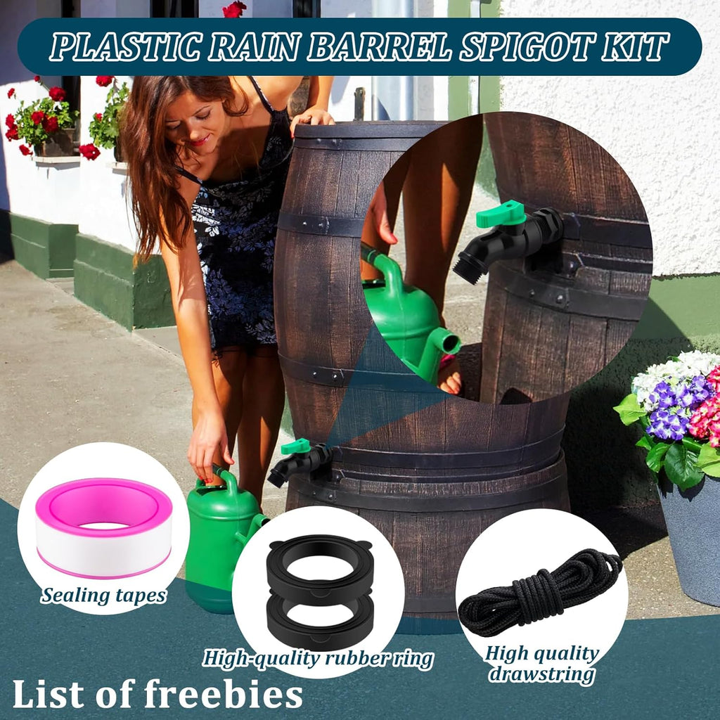 Plastics Rain Barrel Spigot Kit High Flow Valve Core Water Tank Faucet+PVC Bulkhead Fitting 1/2" NPT to 3/4" GHT Rain Barrel Spigot for Plastic Bucket Rainwater Drum Container Downspout Collector in