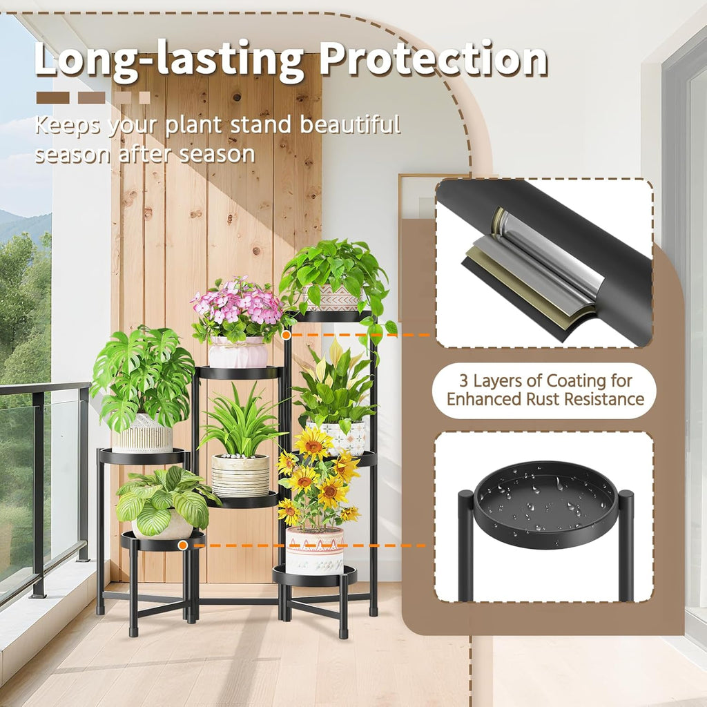 LASZOLA 7 Tiered Folding Plant Stand Indoor for Multiple Large Planter, Tall Heavy Duty Adjustable Rack with Rust Proof 10 Inch Wide Tray, Sturdy Vertical Tree Organizer for Narrow Inside Floor, Black