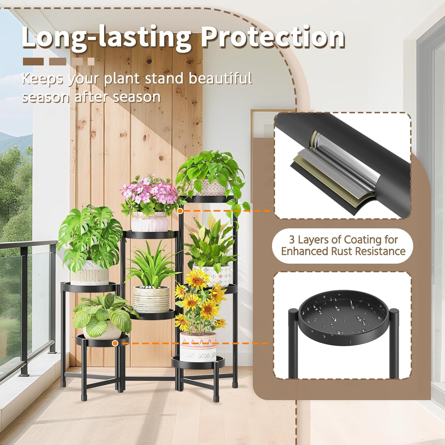 LASZOLA 7 Tiered Folding Plant Stand Indoor for Multiple Large Planter, Tall Heavy Duty Adjustable Rack with Rust Proof 10 Inch Wide Tray, Sturdy Vertical Tree Organizer for Narrow Inside Floor, Black