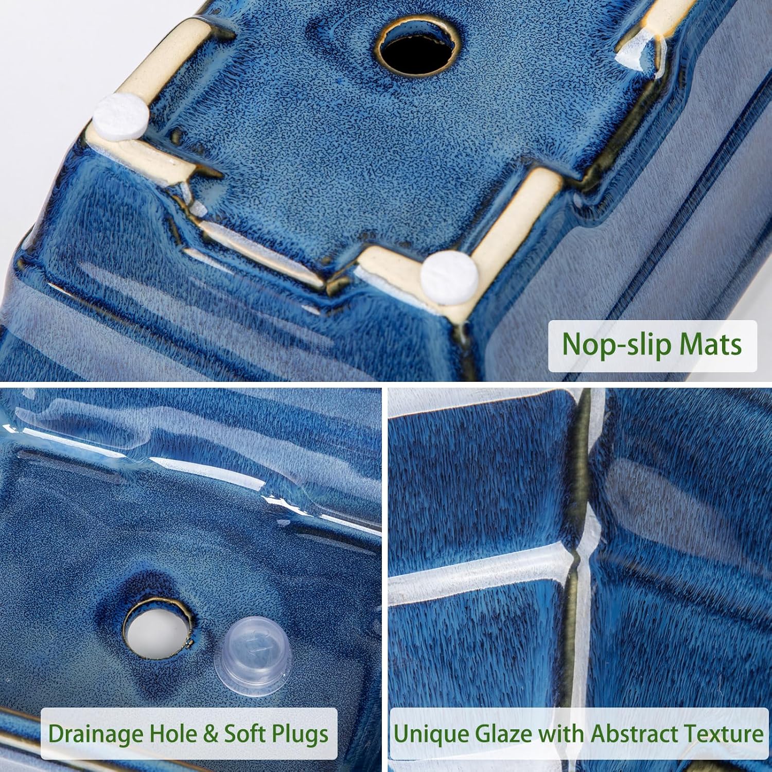 Set of 2 Large Blue Glazed Ceramic Bonsai Pots, 10" Rectangular Bonsai Planters Pots with Drainage Hole for Indoor/Outdoor Plants, Bonzie Tree Pot for Succulents, Cacti, Orchids, Herbs, Spider Plants