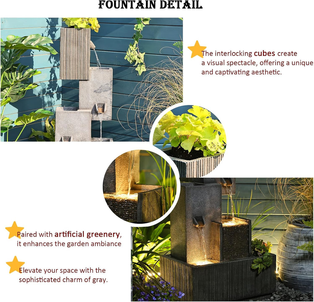 Tiered Water Fountain Outdoor Garden - Waterfall Patio Freestanding Cascade Fountains Concrete Artistry Modern Style with LED Lights for Yard Pool Home Decor, 41.5 inches Tall