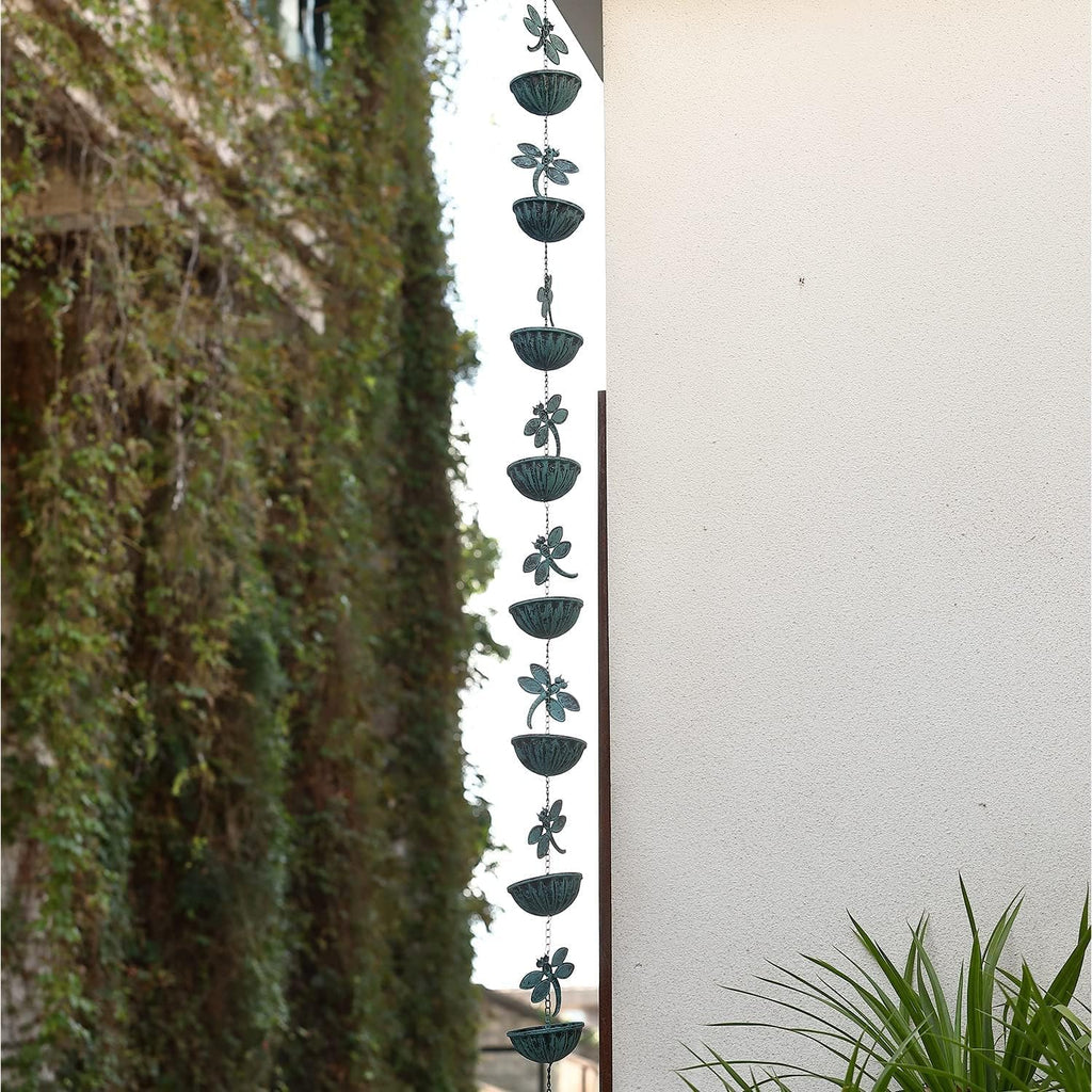 Iron Dragonfly Rain Chain for Gutters, 8.5-Feet Length, Distressed Blue