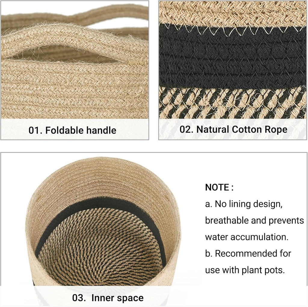 Dahey Jute Rope Plant Basket Modern Woven Storage Basket for 10.5" Indoor Planter, Decorative Flower Pots Cover Laundry Bin with Handle Rustic Home Decor, Black