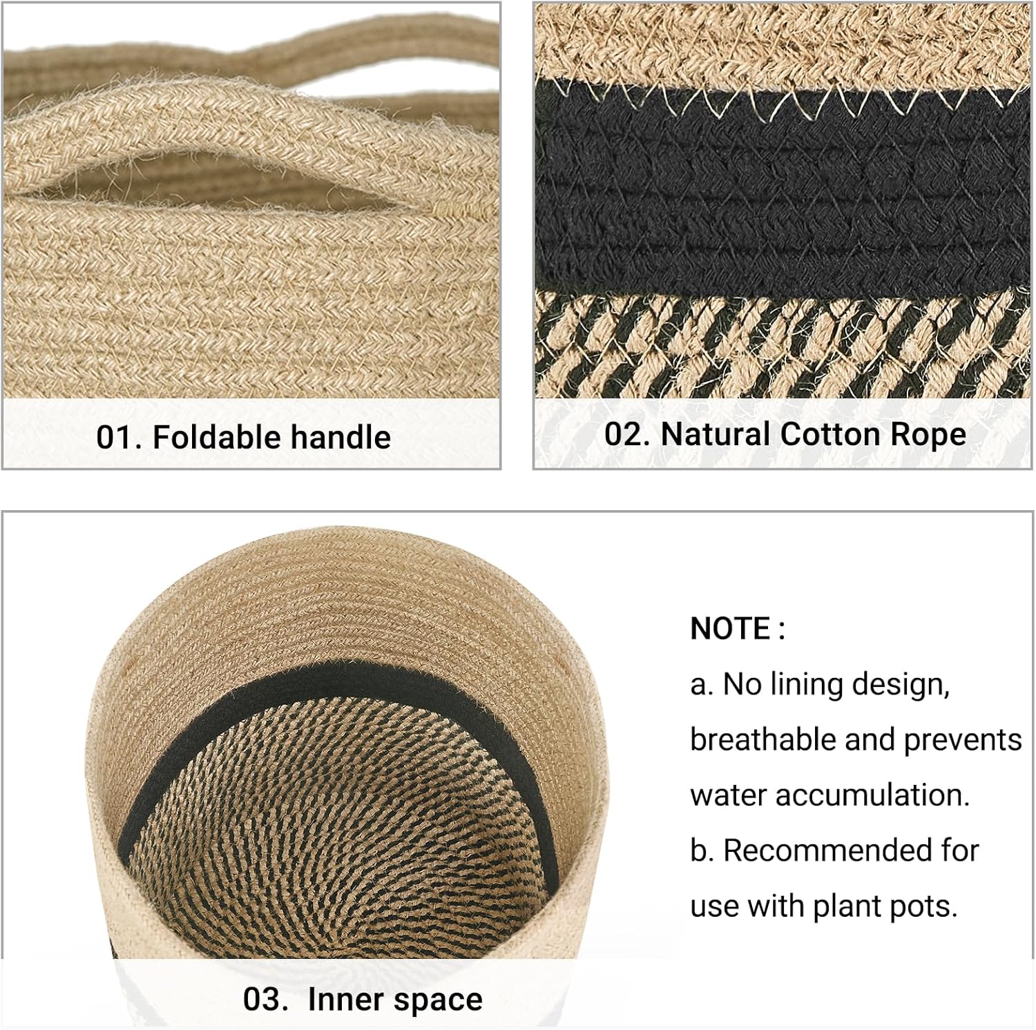 Dahey Jute Rope Plant Basket Modern Woven Storage Basket for 10.5" Indoor Planter, Decorative Flower Pots Cover Laundry Bin with Handle Rustic Home Decor, Black