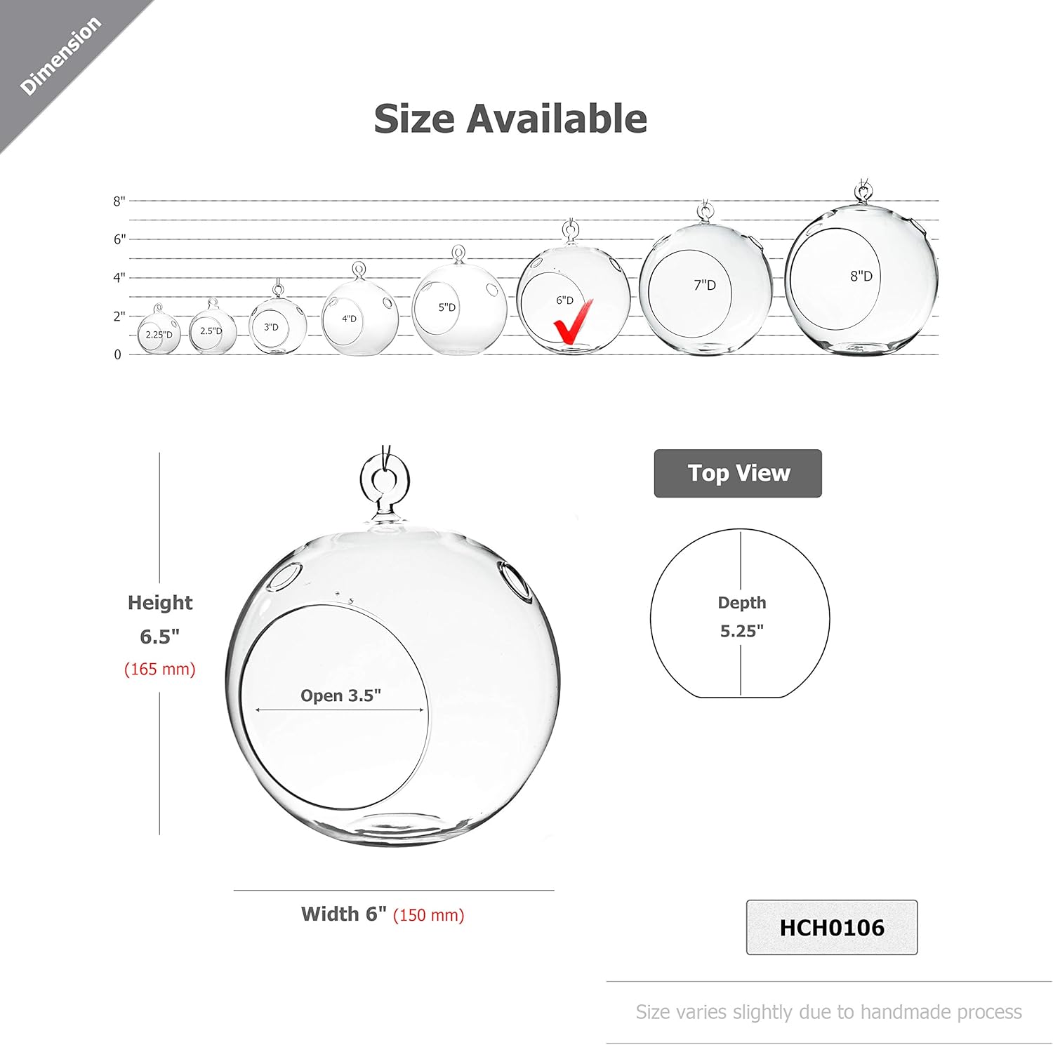 WGV Hanging Terrarium Globe, Width 6", Height 6.5", DIY Air Succulent Planter, Clear Glass Vase Orb with Flat Bottom, Candle Holder for Windowsill Outdoor Garden Decor, 6 Pieces Bulk