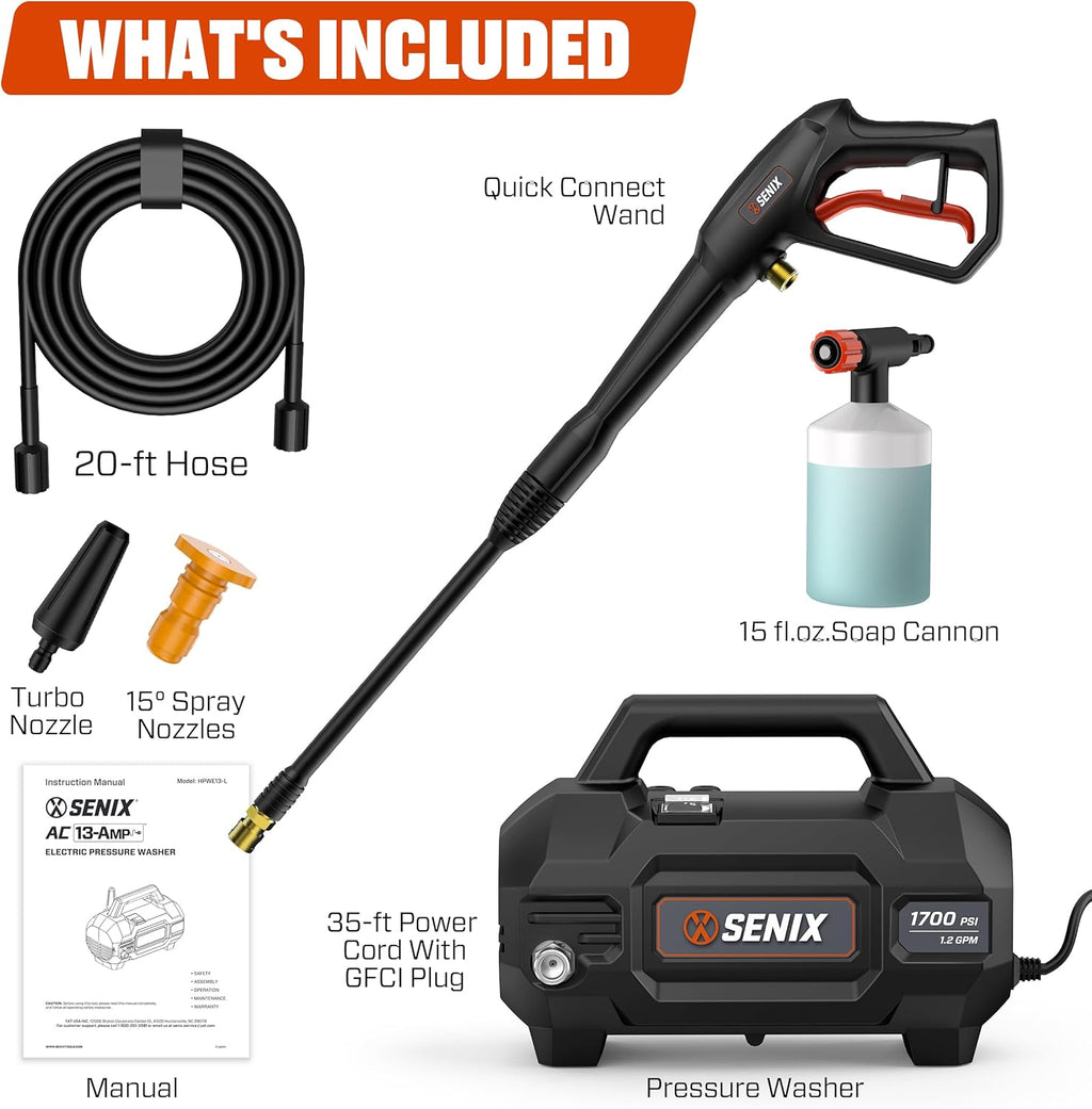 SENIX 13 Amp Electric Pressure Washer - 2100 PSI MAX, 1.2 GPM, Compact with Foam Cannon, Spray Gun, 20-ft Hose, Turbo Nozzle, and 15° Spray Nozzles - Perfect for Cars and Driveways