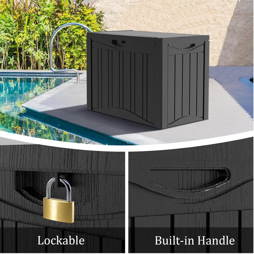 50 Gallon Heavy Duty Outdoor Deck Box with Lockable Lid, All Weather Waterproof Storage for Patio Cushions, Pool Toys, Garden Tools - Rust-Proof Resin Design (Black)