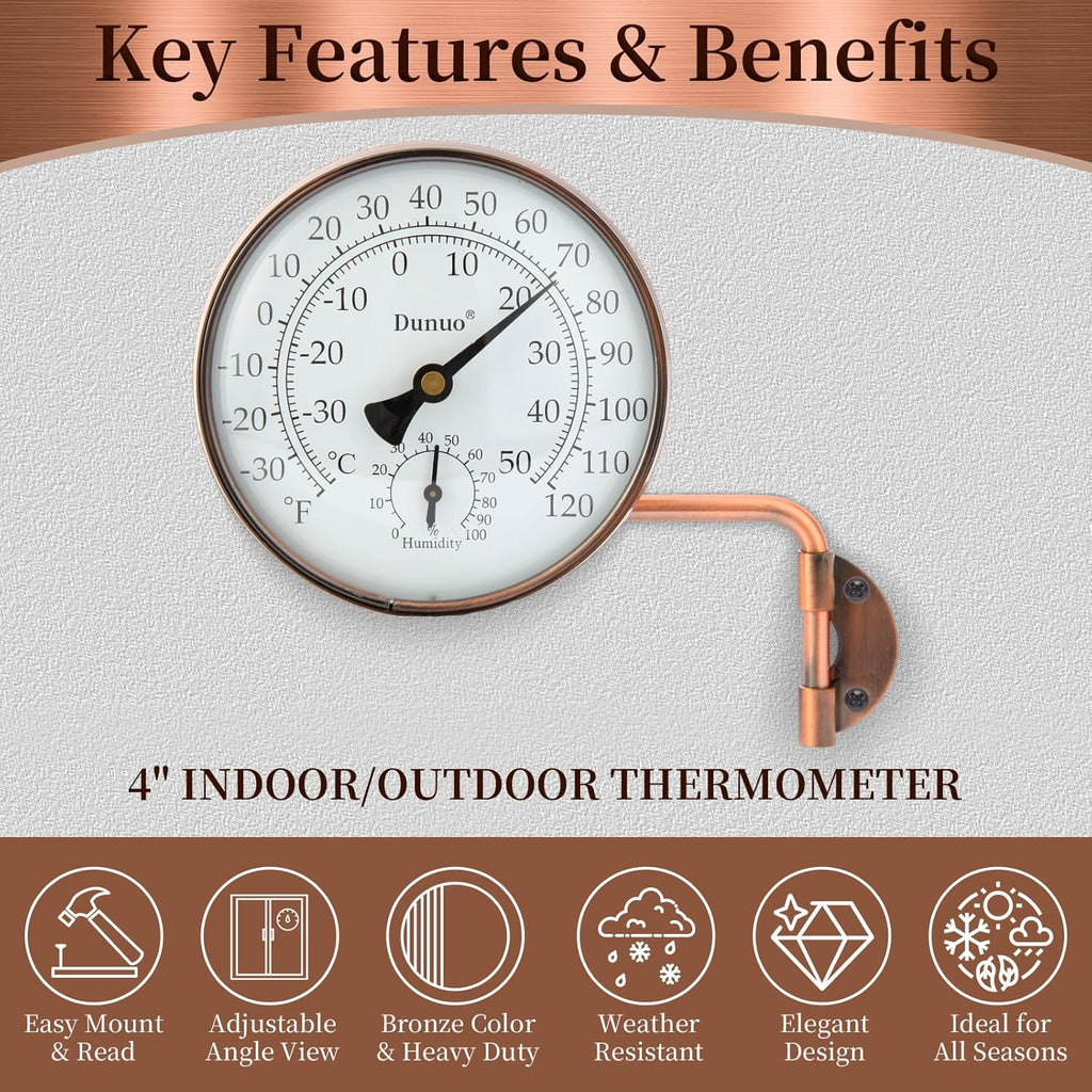 4-Inch Copper Outdoor Thermometer - Analog Temperature Gauge for Patio, Greenhouse and Garage. Decorative, Weather-Resistant, Solid Brass Swivel Design (4inch Thermo&Hygrometer)