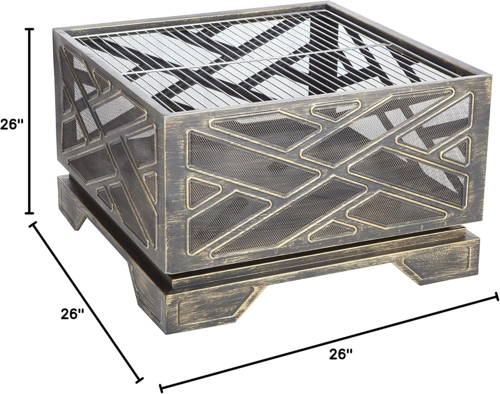 Fire Sense 62239 Fire Pit Catalano Wood Burning Lightweight Portable Outdoor Firepit Backyard Fireplace for Camping Bonfire Included Screen Lift Tool & Cooking Grate - Square - Antique Bronze Finish