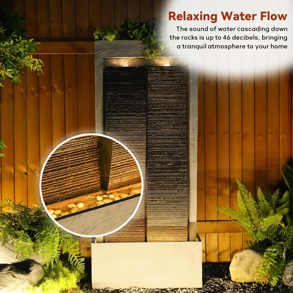 59" H Waterfall Fountain Large Outdoor Water Fountain Indoor for Garden, Patio, Backyard, Deck, Porch with LED Lights,Faux Slate Contemporary Water Fall