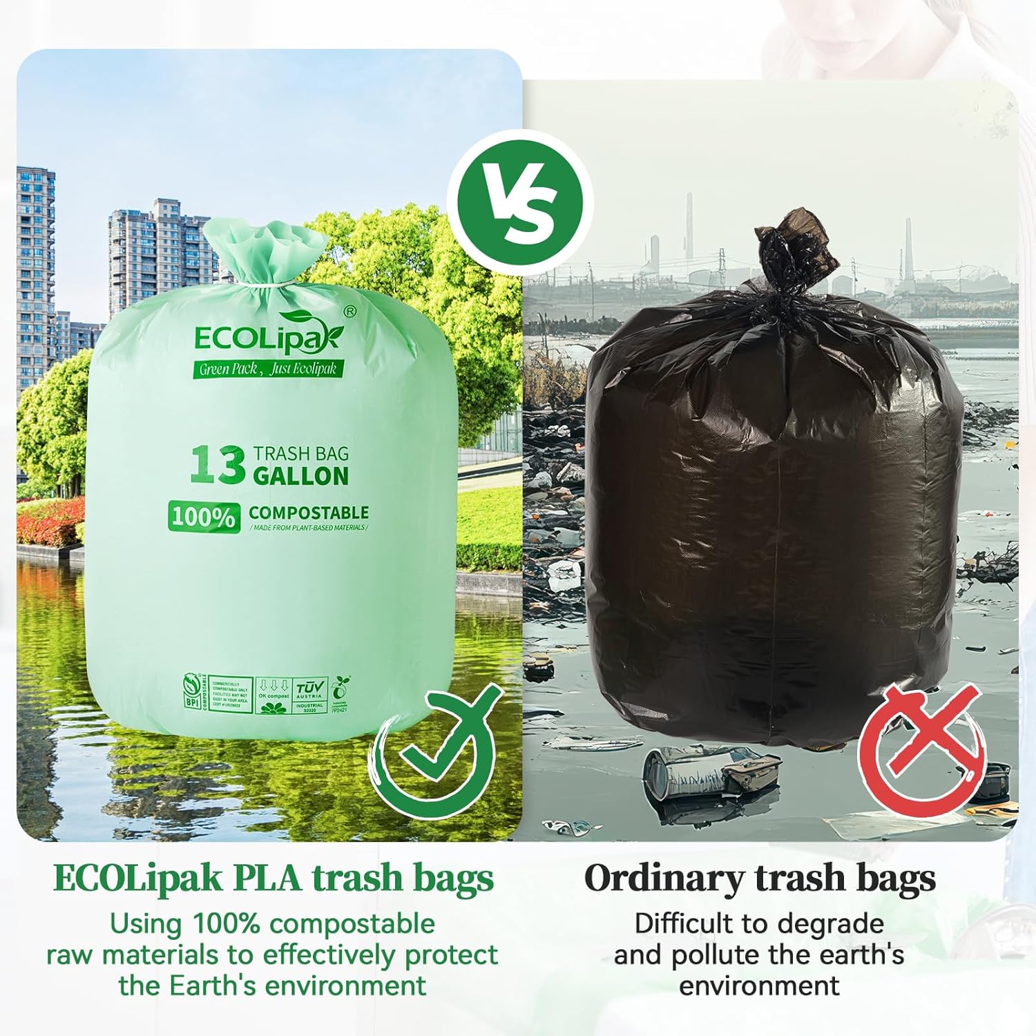ECOLipak 13 Gallon Compostable Trash Garbage Bags, 100 Count (2 Rolls) Biodegradable Heavy Duty Bathroom Kitchen Trash Bags for Home/Office, US BPI ASTM D6400 and OK Compost Home Certified